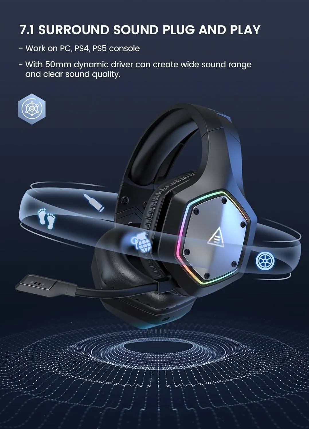 EKSA Wireless Gaming Headset, 2.4GHz USB Gaming Headphones with Microphone for PC, PS5, PS4, Nintendo Switch, 7.1 Surround Sound Gaming Headset, RGB Light, Ergonomic Design, 3.5mm Wired for Xbox Serie
