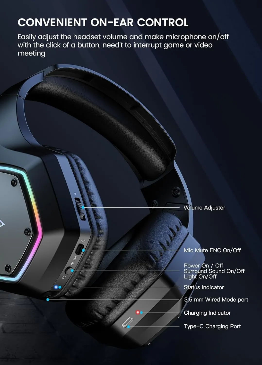 EKSA Wireless Gaming Headset, 2.4GHz USB Gaming Headphones with Microphone for PC, PS5, PS4, Nintendo Switch, 7.1 Surround Sound Gaming Headset, RGB Light, Ergonomic Design, 3.5mm Wired for Xbox Serie