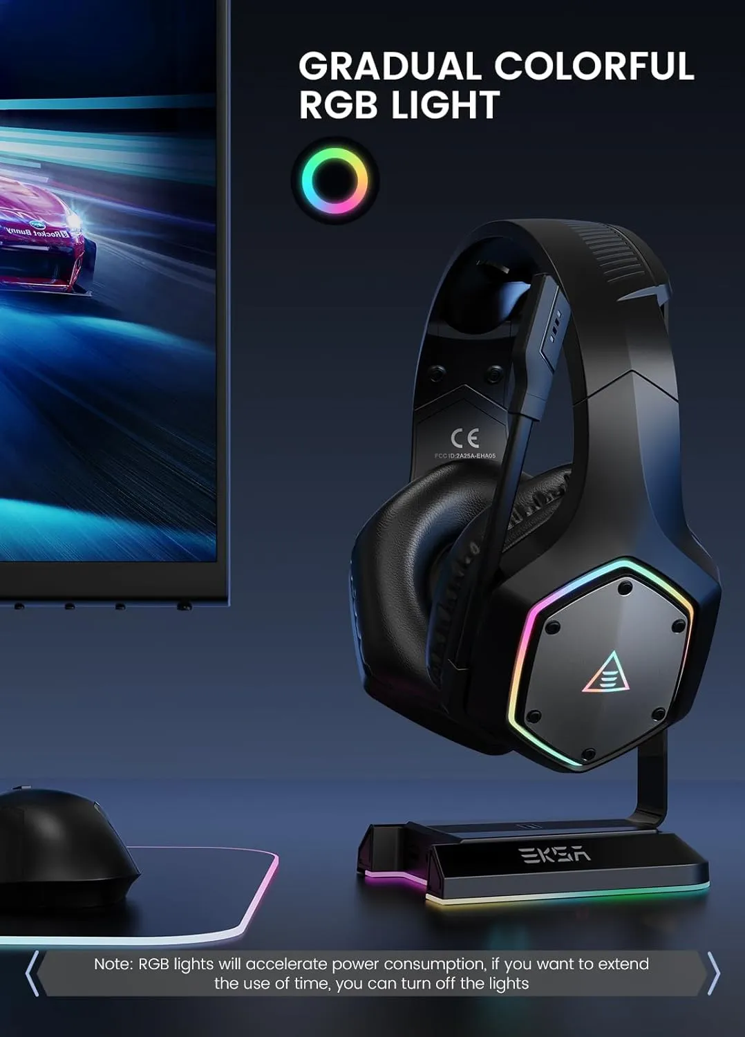 EKSA Wireless Gaming Headset, 2.4GHz USB Gaming Headphones with Microphone for PC, PS5, PS4, Nintendo Switch, 7.1 Surround Sound Gaming Headset, RGB Light, Ergonomic Design, 3.5mm Wired for Xbox Serie