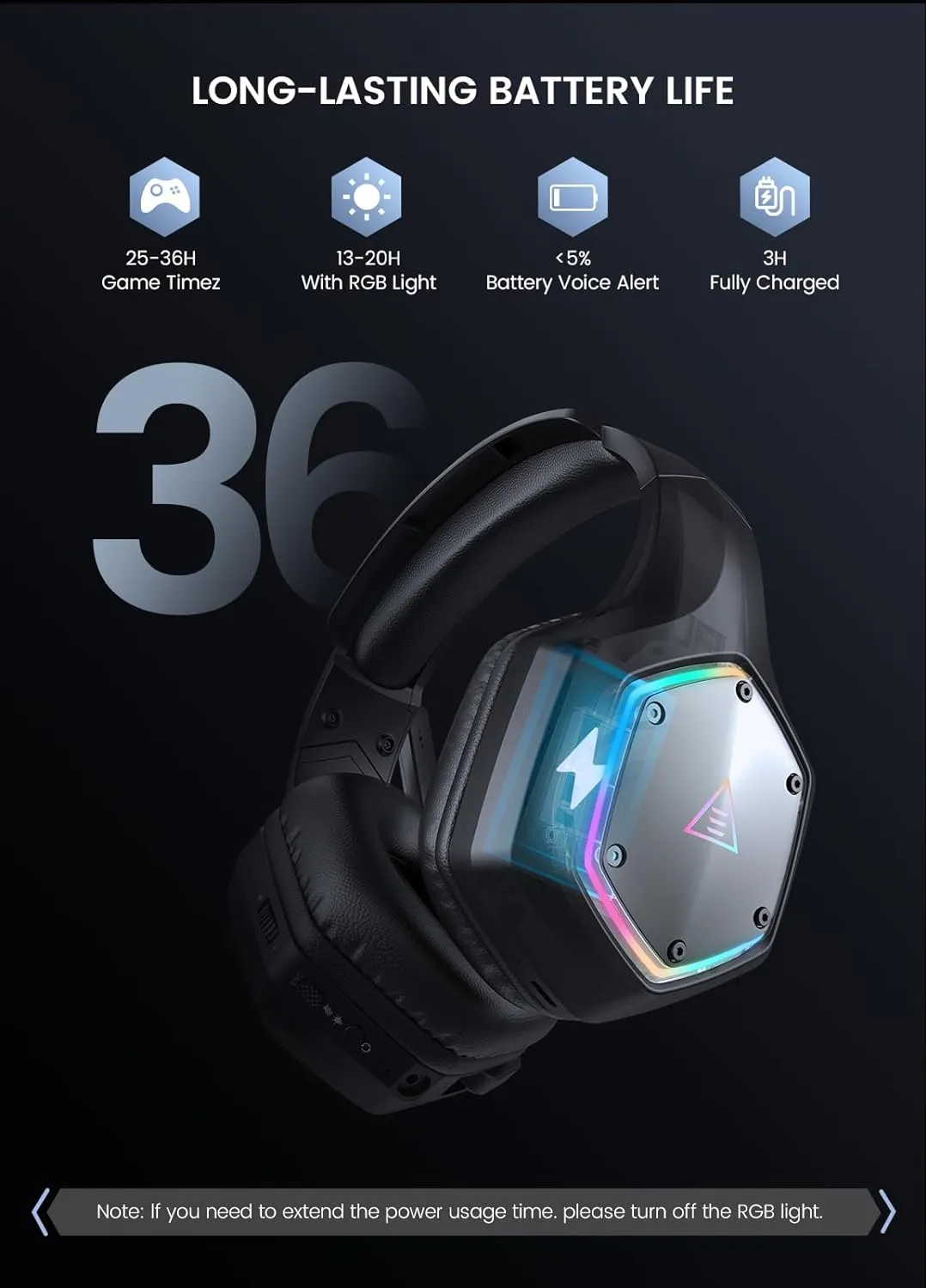 EKSA Wireless Gaming Headset, 2.4GHz USB Gaming Headphones with Microphone for PC, PS5, PS4, Nintendo Switch, 7.1 Surround Sound Gaming Headset, RGB Light, Ergonomic Design, 3.5mm Wired for Xbox Serie