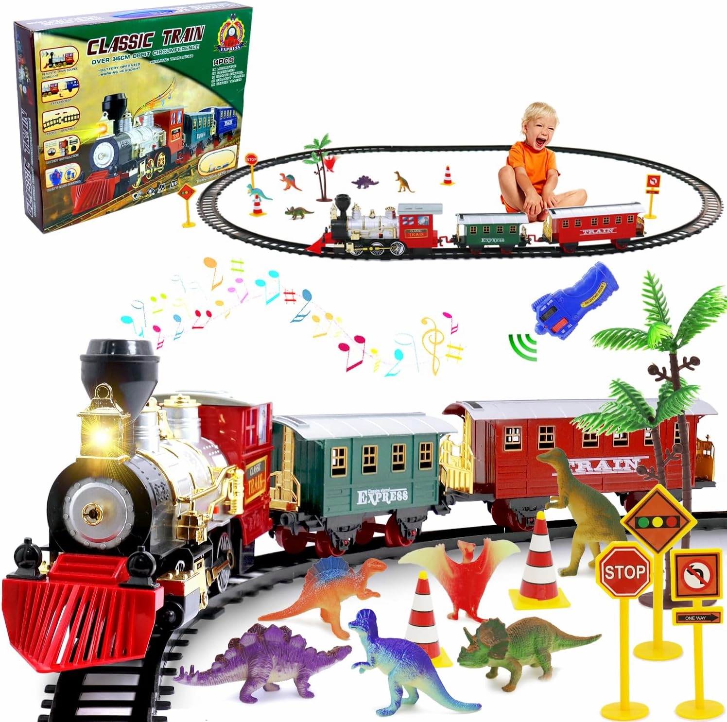 Electric Train Set-Remote Control Train Toy for Kids Ages 4-8-Christmas Train Toy w/Sounds & Lights,Railway Kits Passenger Coach & Tracks Game,Gift for Boys Girls 3 4 5 6 7 8  Year Old Kids