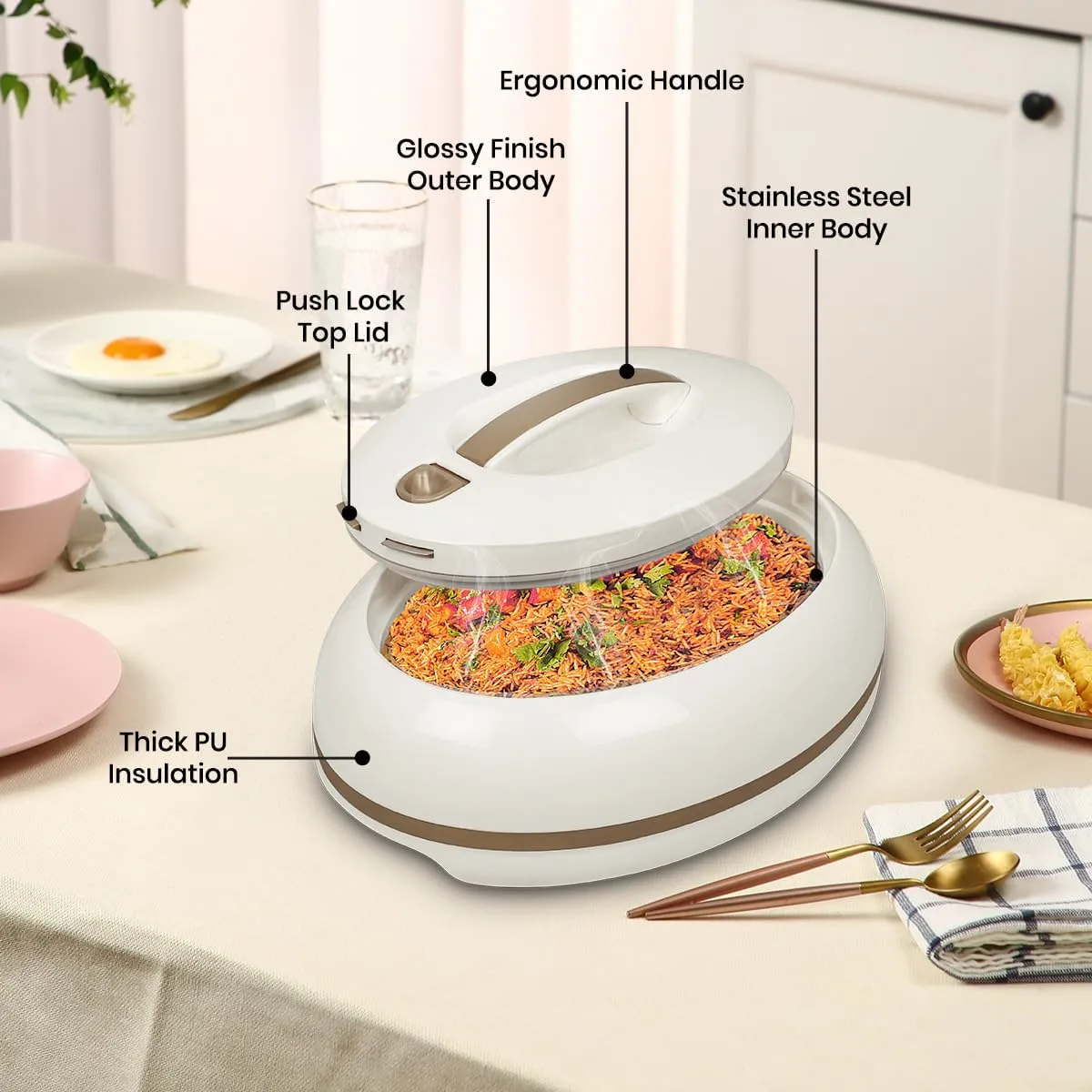 Elegant Large Oval Insulated Casserole Carrier Dish- One Hand Open Lid- 3.15 qt. Luxury Hot Pot Food Warmer/Cooler -Thermal Serving Bowl For Buffet/Parties-Stainless Steel Hot Food Container -Ivory