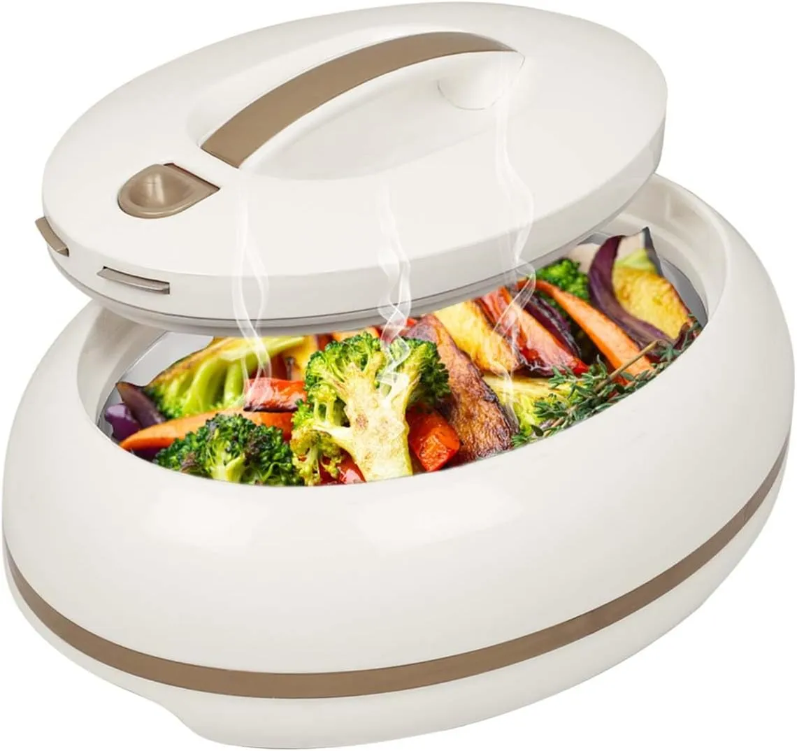 Elegant Large Oval Insulated Casserole Carrier Dish- One Hand Open Lid- 3.15 qt. Luxury Hot Pot Food Warmer/Cooler -Thermal Serving Bowl For Buffet/Parties-Stainless Steel Hot Food Container -Ivory