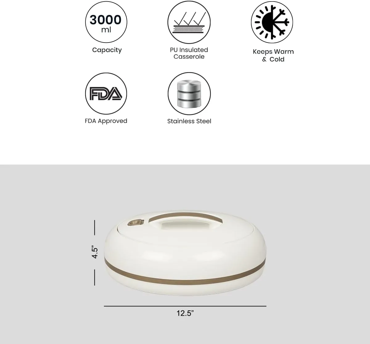 Elegant Large Oval Insulated Casserole Carrier Dish- One Hand Open Lid- 3.15 qt. Luxury Hot Pot Food Warmer/Cooler -Thermal Serving Bowl For Buffet/Parties-Stainless Steel Hot Food Container -Ivory