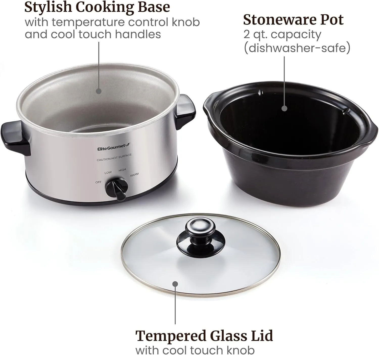 Elite Gourmet MST-275XS Electric Oval Slow Cooker, Adjustable Temp, Entrees, Sauces, Stews & Dips, Dishwasher Safe Glass Lid & Crock (2 Quart, Stainless Steel)