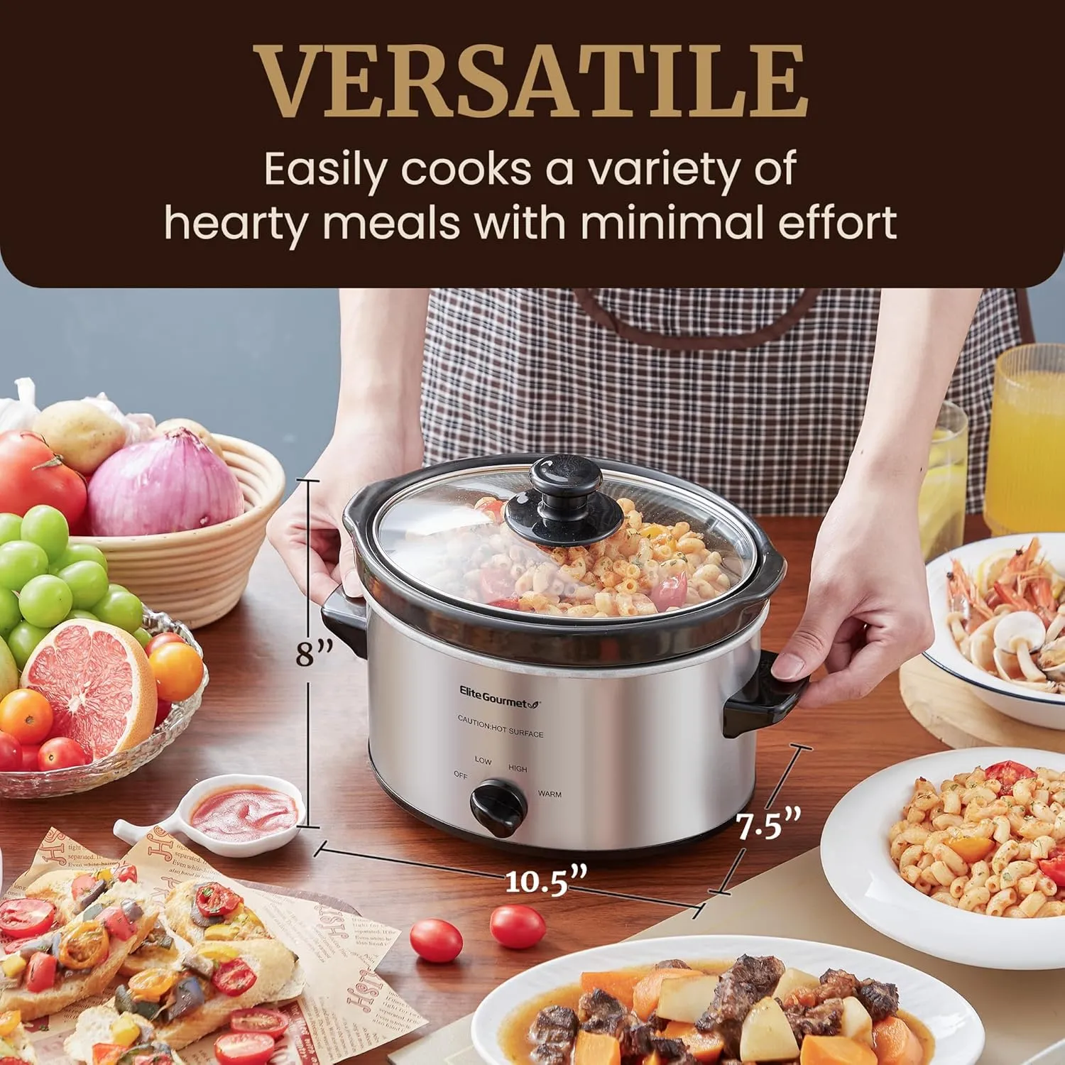 Elite Gourmet MST-275XS Electric Oval Slow Cooker, Adjustable Temp, Entrees, Sauces, Stews & Dips, Dishwasher Safe Glass Lid & Crock (2 Quart, Stainless Steel)