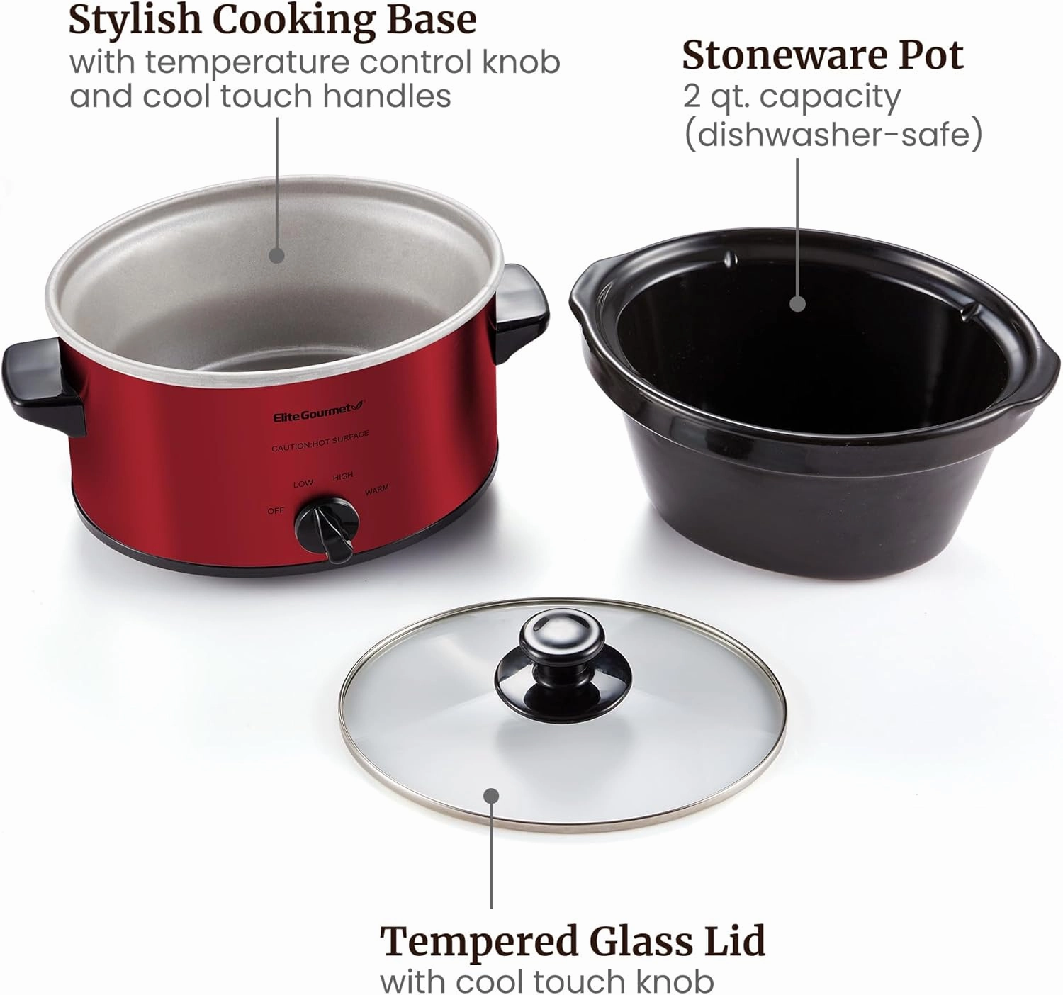Elite Gourmet MST-275XR Electric Oval Slow Cooker, Adjustable Temp, Entrees, Sauces, Stews & Dips, Dishwasher Safe Glass Lid & Crock (2 Quart, Metallic Red)