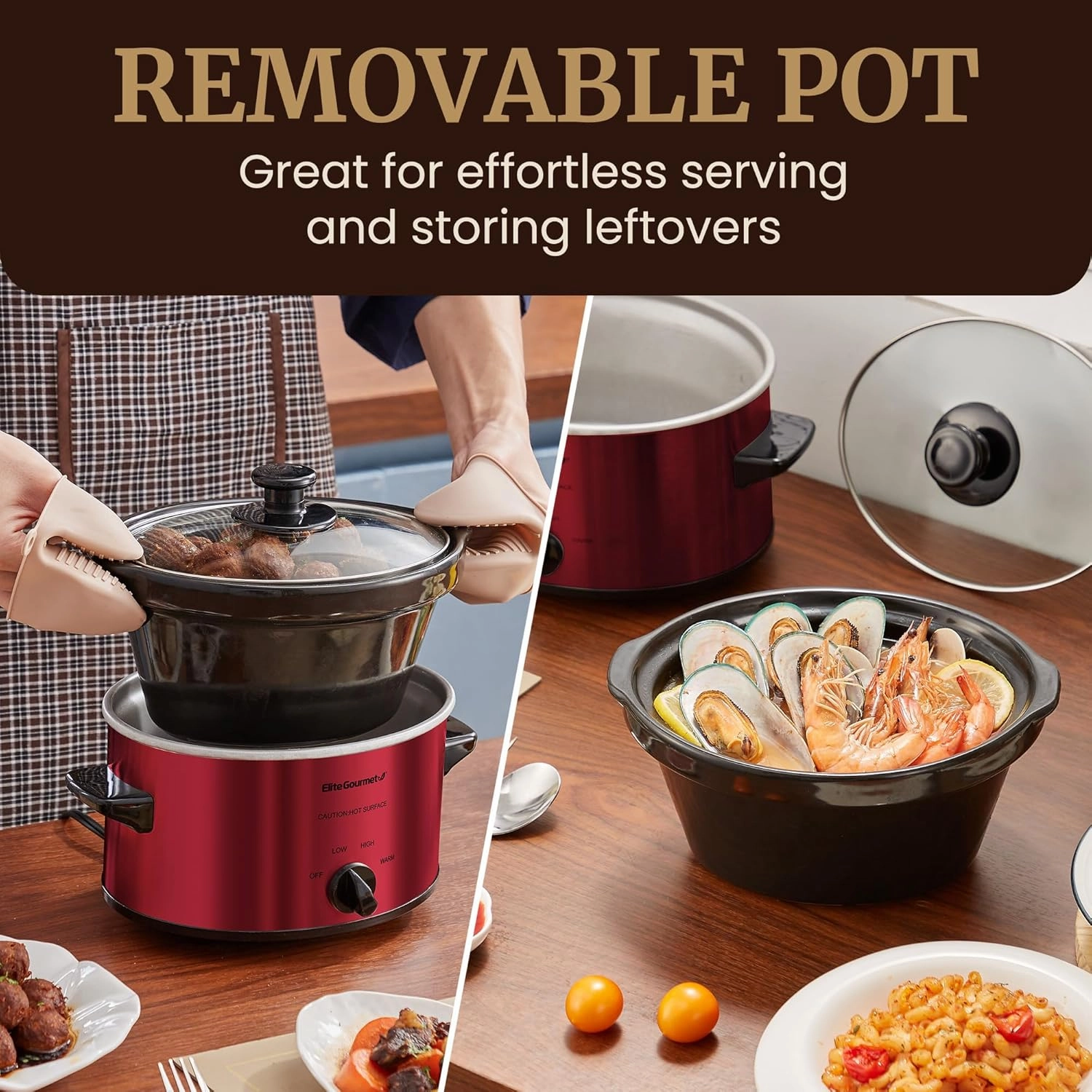 Elite Gourmet MST-275XR Electric Oval Slow Cooker, Adjustable Temp, Entrees, Sauces, Stews & Dips, Dishwasher Safe Glass Lid & Crock (2 Quart, Metallic Red)