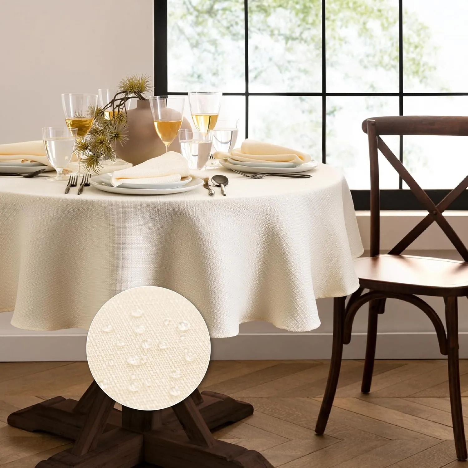 Elrene Home Fashions Laurel Solid Texture Water and Stain Resistant Tablecloth, 60"X84" Oval, Ivory