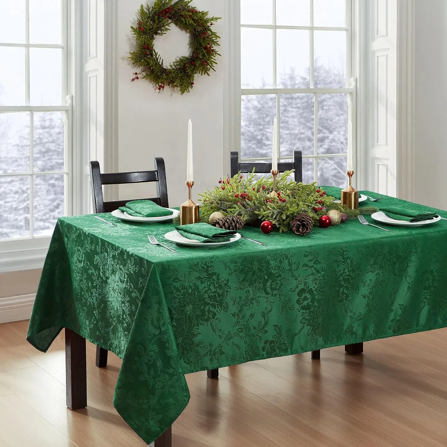 Elrene Home Fashions Poinsettia Elegance Jacquard Christmas/Holiday Waterproof Stain Resistant Dining Tablecloth, 60"X144" Oblong/Rectangle, Green