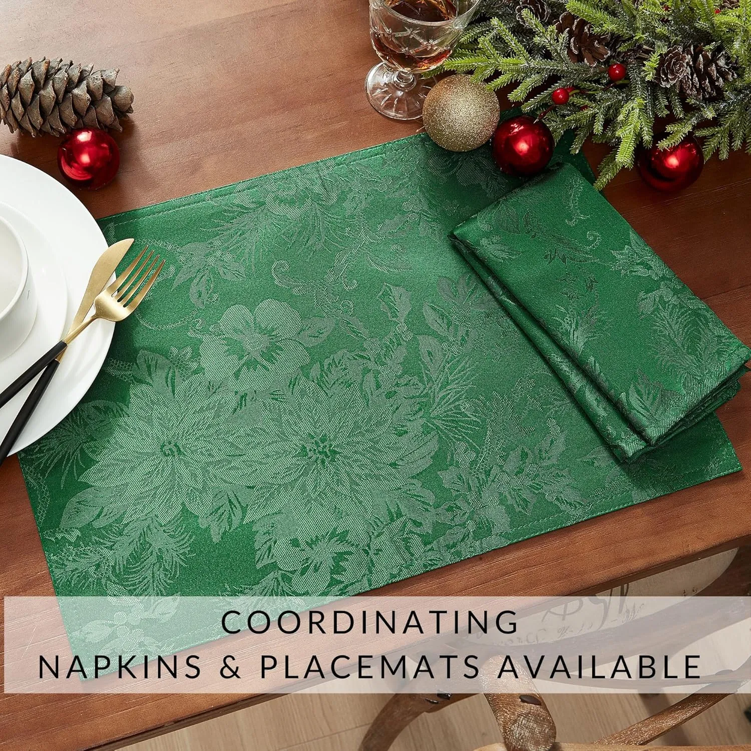 Elrene Home Fashions Poinsettia Elegance Jacquard Christmas/Holiday Waterproof Stain Resistant Dining Tablecloth, 60"X144" Oblong/Rectangle, Green