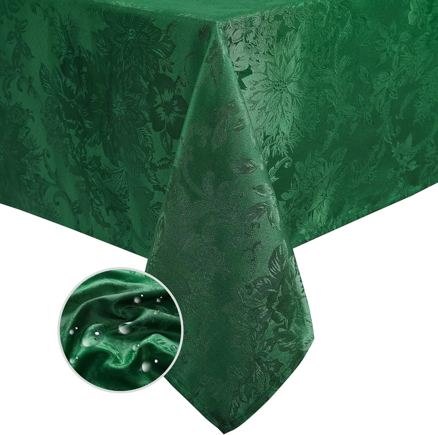 Elrene Home Fashions Poinsettia Elegance Jacquard Christmas/Holiday Waterproof Stain Resistant Dining Tablecloth, 60"X144" Oblong/Rectangle, Green