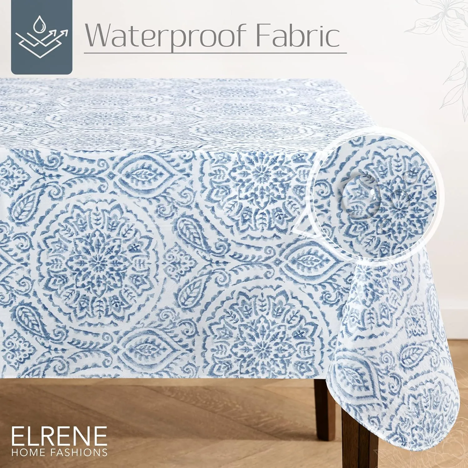 Elrene Home Fashions Savannah Boho Paisley Water- and Stain-Resistant Vinyl Tablecloth with Flannel Backing, 60 Inches X 120 Inches, Rectangle, Blue
