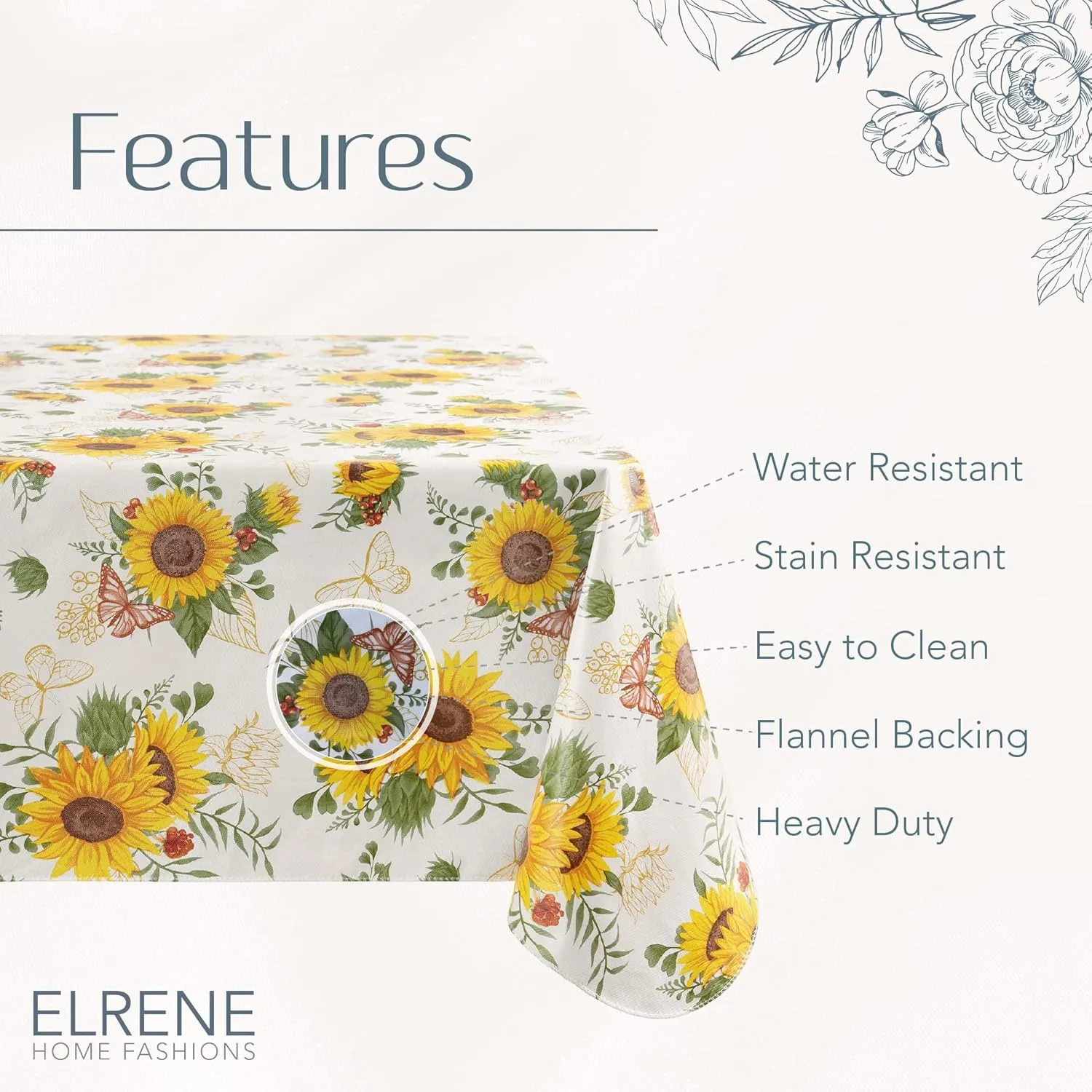 Elrene Home Fashions Sunflower Season Vintage Floral Water- and Stain-Resistant Vinyl Tablecloth with Flannel Backing, 60 Inches X 102 Inches, Rectangle