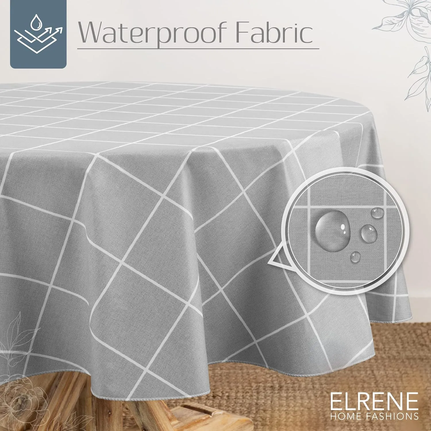 Elrene Home Fashions Windowpane Plaid Water- and Stain-Resistant Vinyl Tablecloth with Flannel Backing, 70 Inches X 70 Inches, Round, Gray