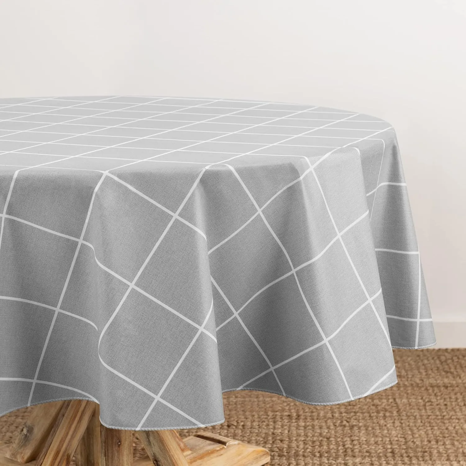 Elrene Home Fashions Windowpane Plaid Water- and Stain-Resistant Vinyl Tablecloth with Flannel Backing, 70 Inches X 70 Inches, Round, Gray