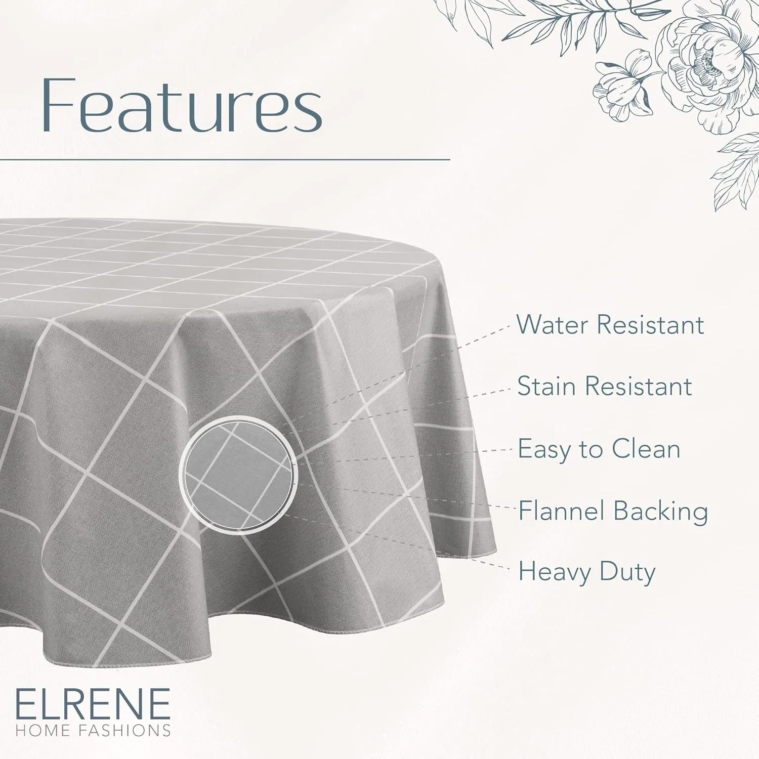 Elrene Home Fashions Windowpane Plaid Water- and Stain-Resistant Vinyl Tablecloth with Flannel Backing, 70 Inches X 70 Inches, Round, Gray