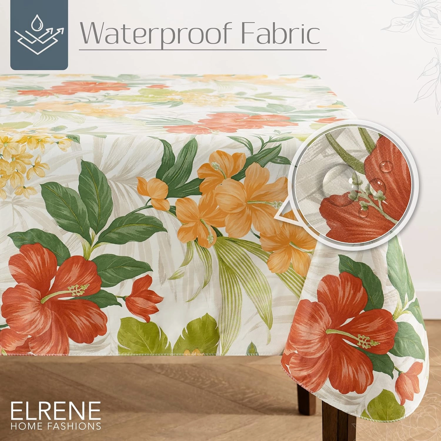Elrene Home Fashions Callisto Tropical Floral Water-Resistant Vinyl Tablecloth with Flannel Backing, 60 Inches X 84 Inches,Rectangle,Yellow