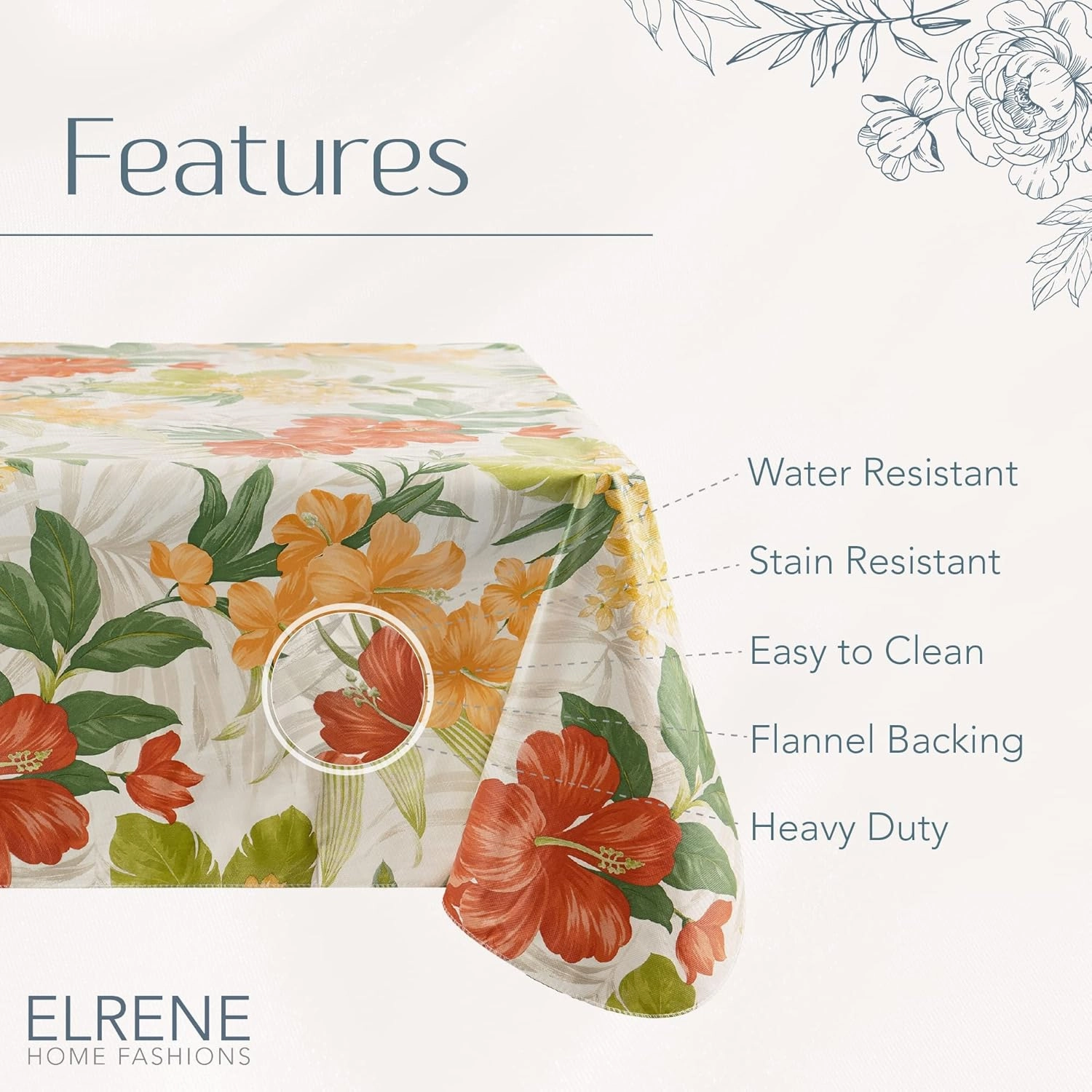 Elrene Home Fashions Callisto Tropical Floral Water-Resistant Vinyl Tablecloth with Flannel Backing, 60 Inches X 84 Inches,Rectangle,Yellow