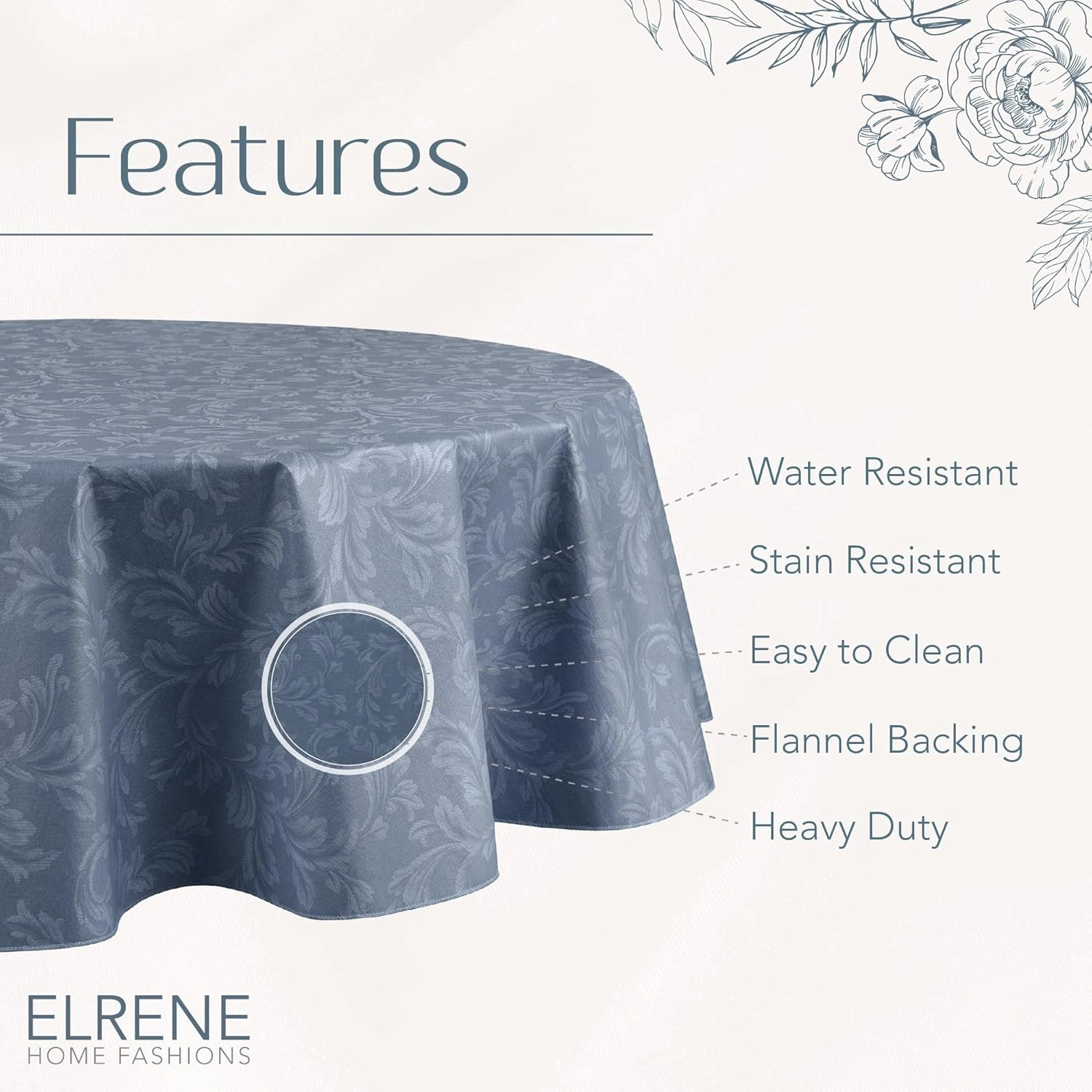 Elrene Home Fashions Camile Floral Damask-Scroll Water- and Stain-Resistant Vinyl Tablecloth with Flannel Backing, 60 Inches X 84 Inches, Oval, Blue