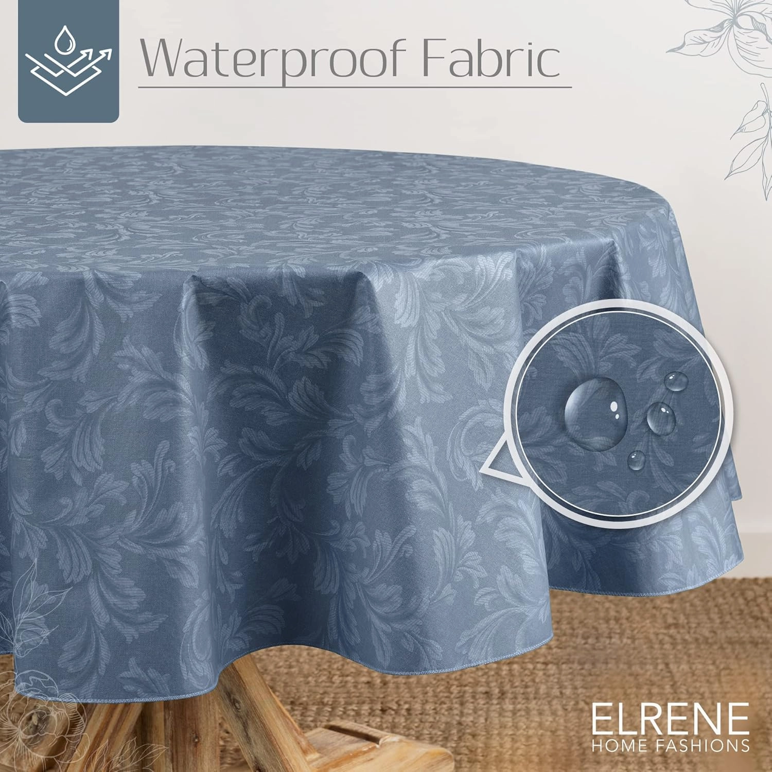 Elrene Home Fashions Camile Floral Damask-Scroll Water- and Stain-Resistant Vinyl Tablecloth with Flannel Backing, 60 Inches X 84 Inches, Oval, Blue