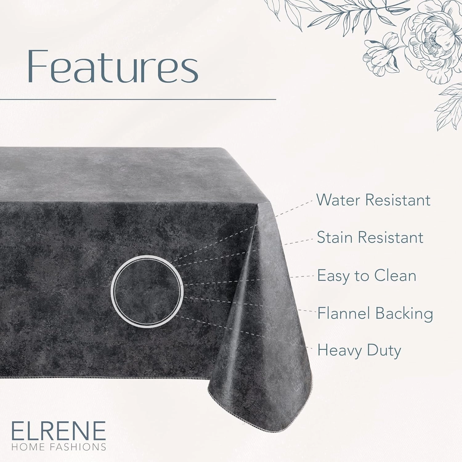 Elrene Home Fashions Mesa Marble Water- and Stain-Resistant Vinyl Tablecloth with Flannel Backing, 60 Inches X 120 Inches, Rectangle, Black