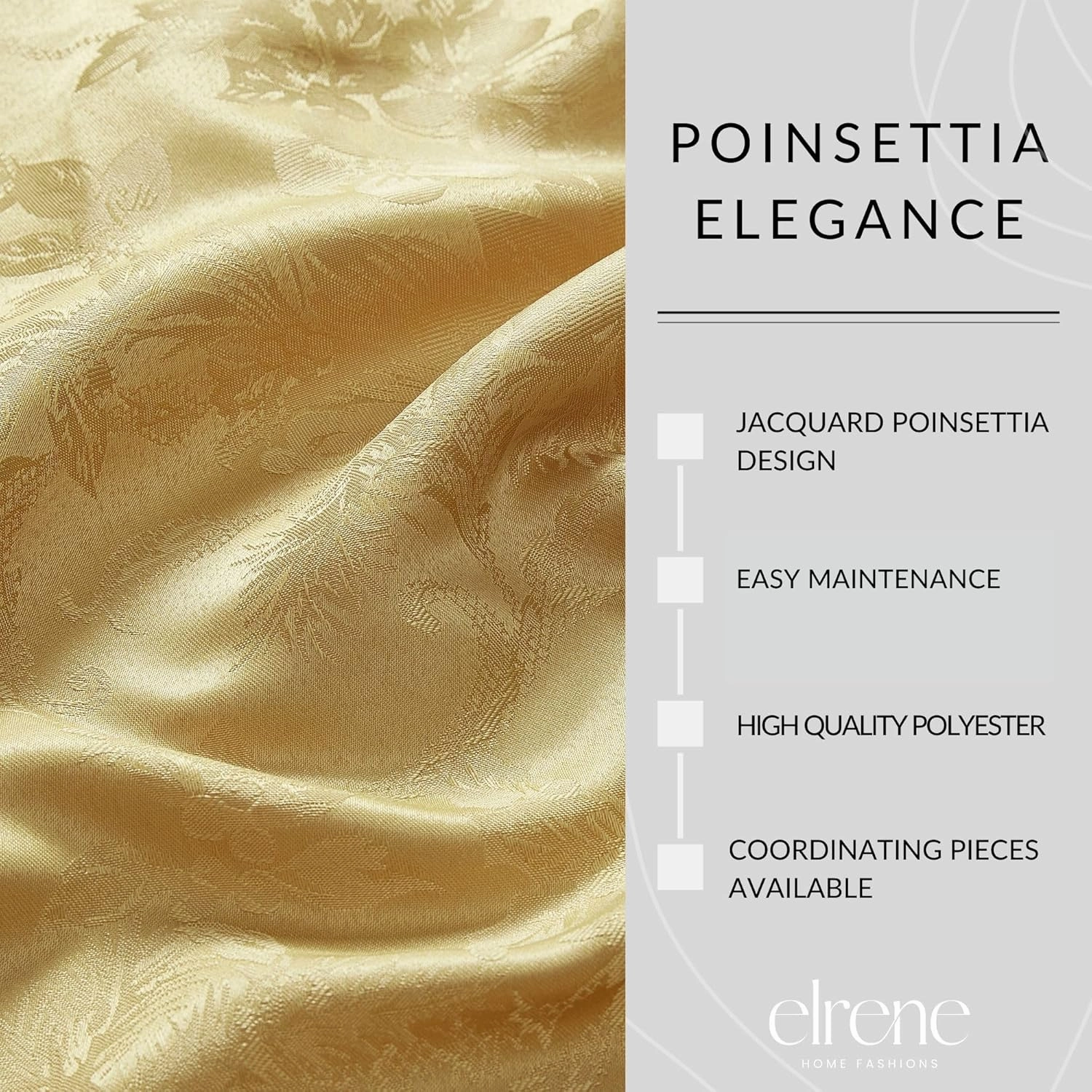 Elrene Home Fashions Poinsettia Elegance Jacquard Christmas/Holiday Wrinkle Resistant Dining Tablecloth, 52"X70" Oblong/Rectangle, Gold