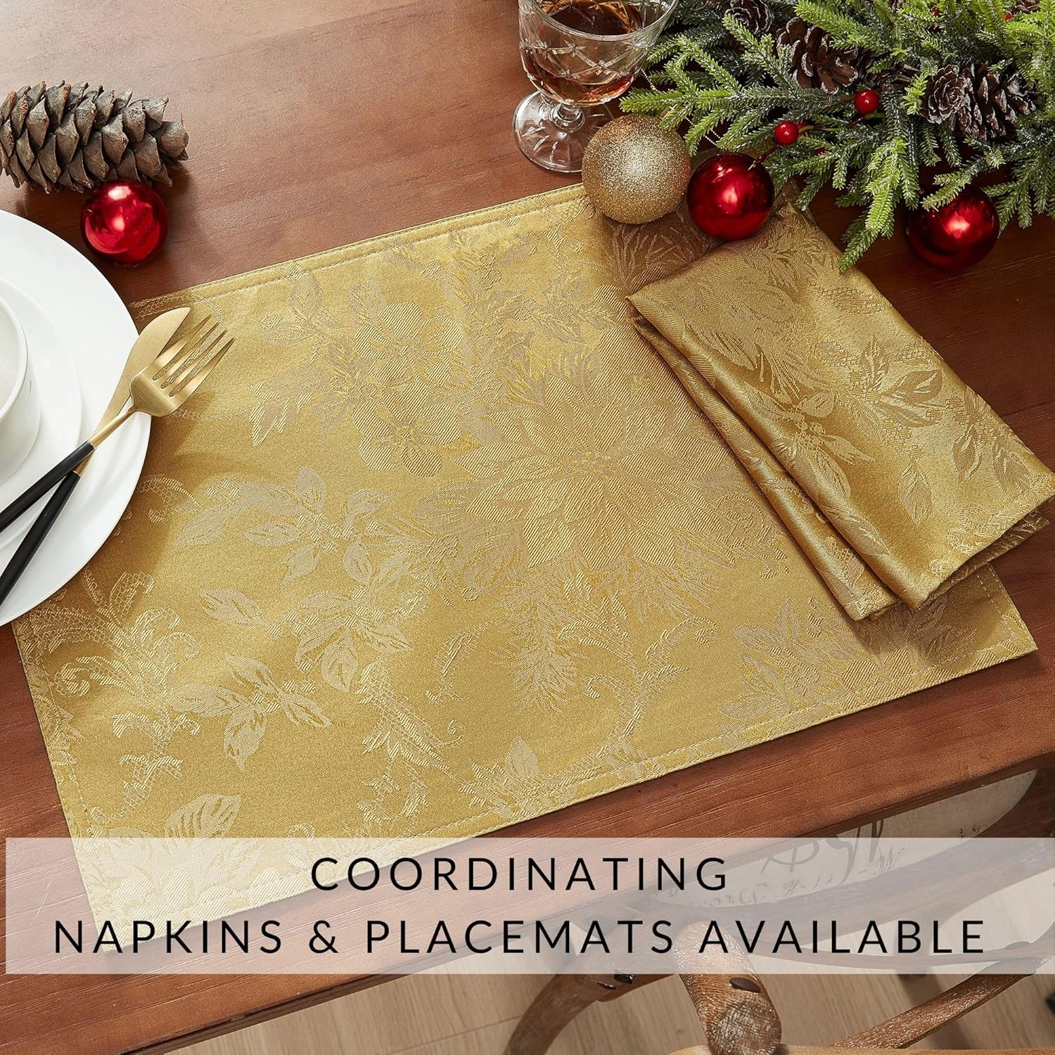Elrene Home Fashions Poinsettia Elegance Jacquard Christmas/Holiday Wrinkle Resistant Dining Tablecloth, 52"X70" Oblong/Rectangle, Gold