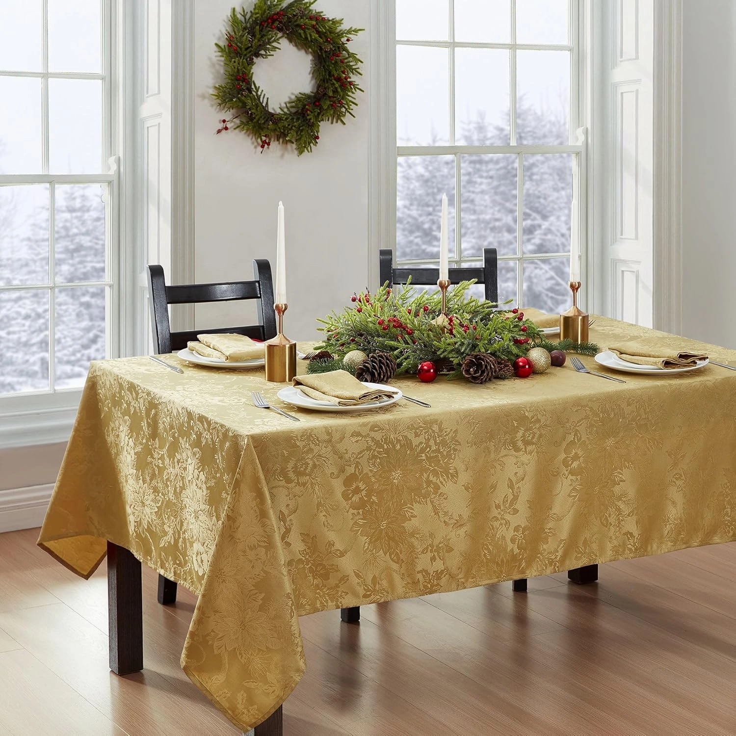 Elrene Home Fashions Poinsettia Elegance Jacquard Christmas/Holiday Wrinkle Resistant Dining Tablecloth, 52"X70" Oblong/Rectangle, Gold