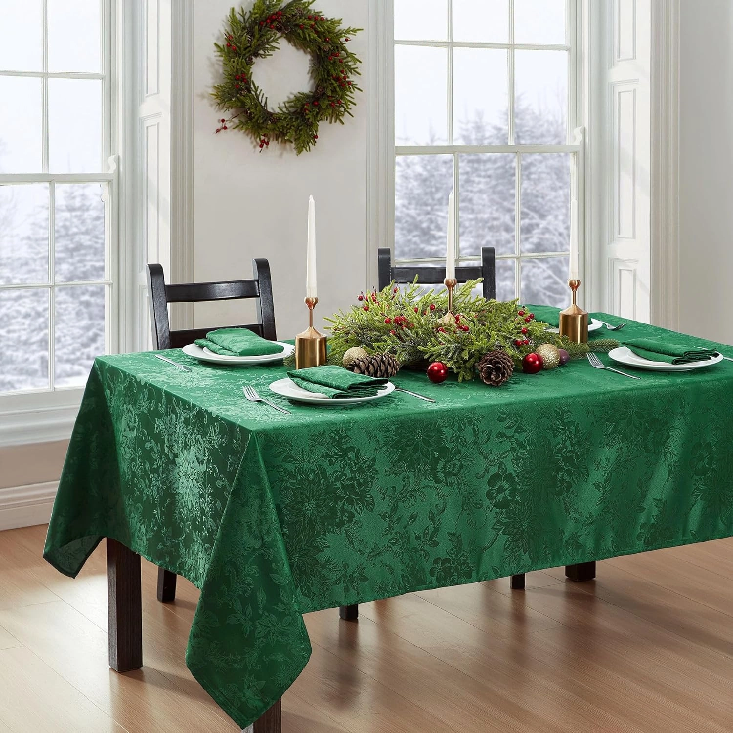 Elrene Home Fashions Poinsettia Elegance Jacquard Christmas/Holiday Wrinkle Resistant Dining Tablecloth, 52"X70" Oblong/Rectangle, Green