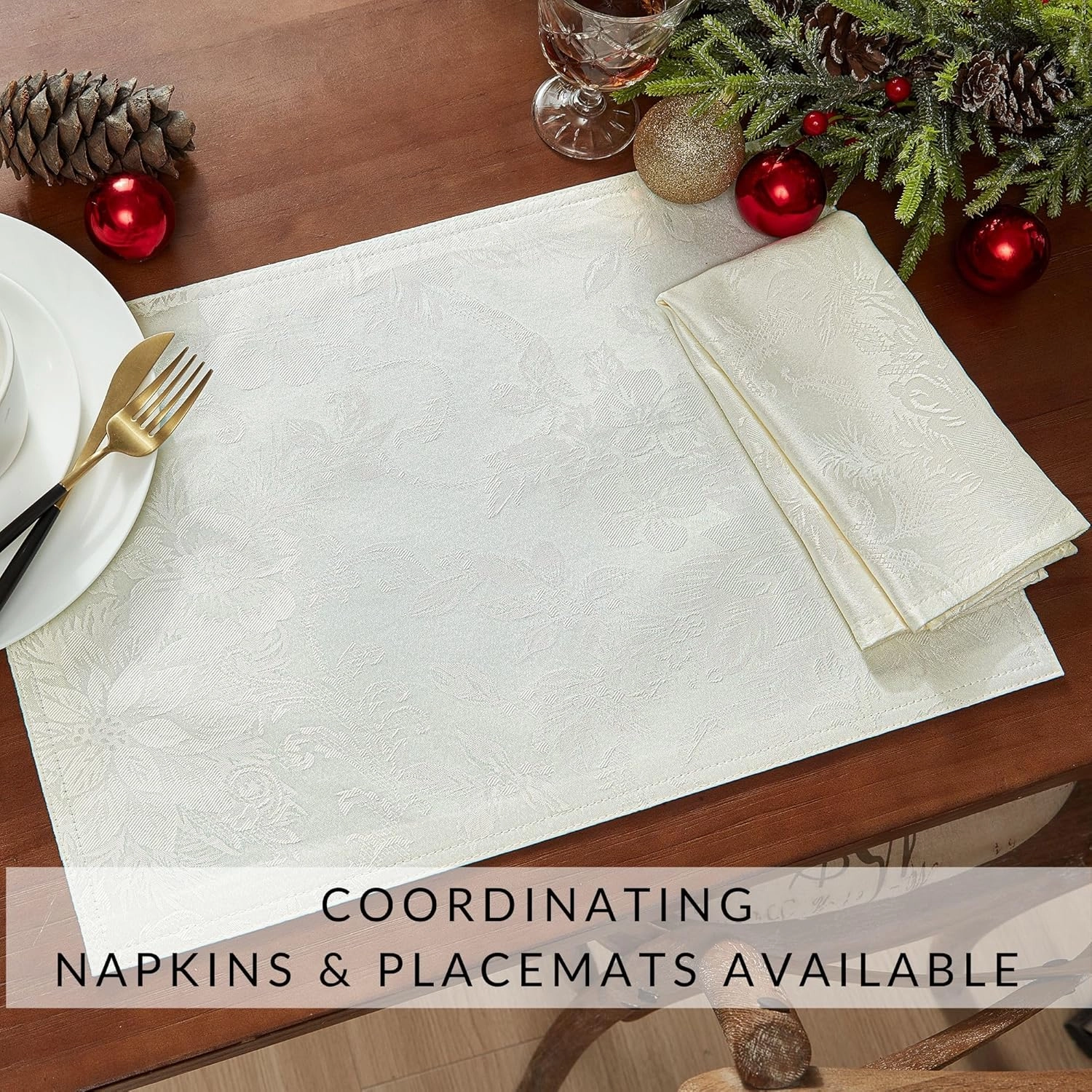 Elrene Home Fashions Poinsettia Elegance Jacquard Christmas/Holiday Wrinkle Resistant Dining Tablecloth, 52"X70" Oblong/Rectangle, Ivory