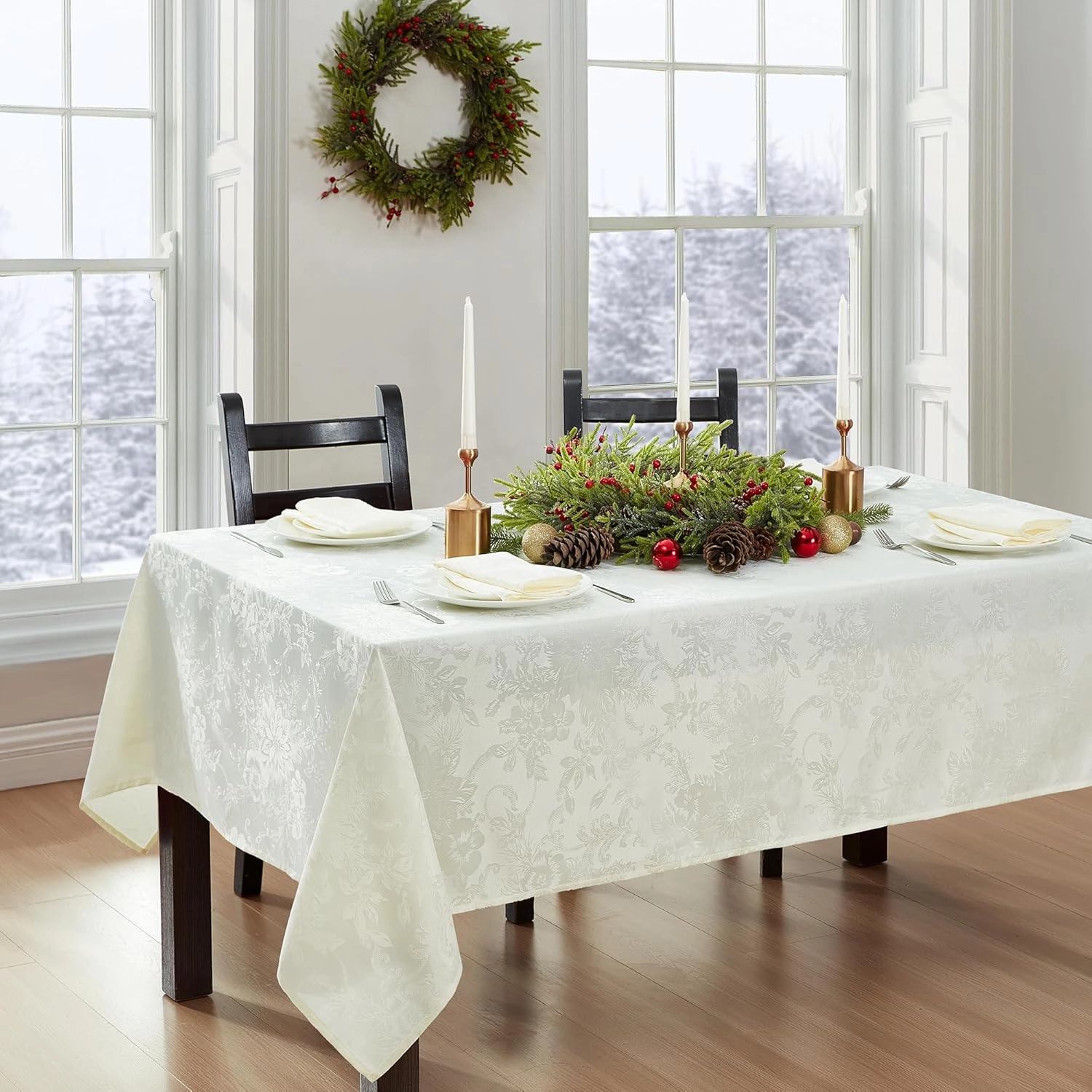 Elrene Home Fashions Poinsettia Elegance Jacquard Christmas/Holiday Wrinkle Resistant Dining Tablecloth, 52"X70" Oblong/Rectangle, Ivory