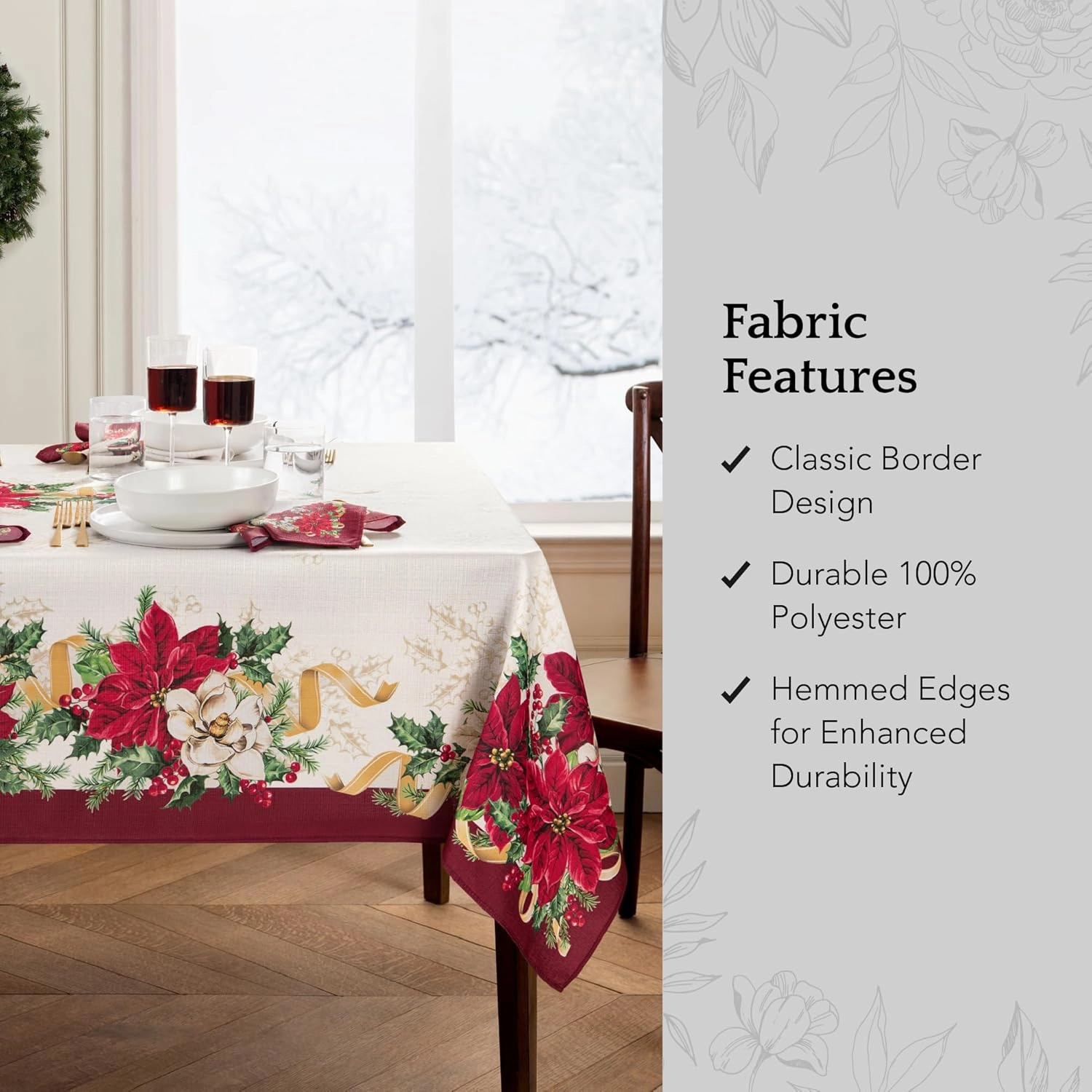 Elrene Home Fashions Poinsettia Garlands Holiday Engineered Wrinkle Resistant Tablecloth, 60"x102" Rectangle, Multi