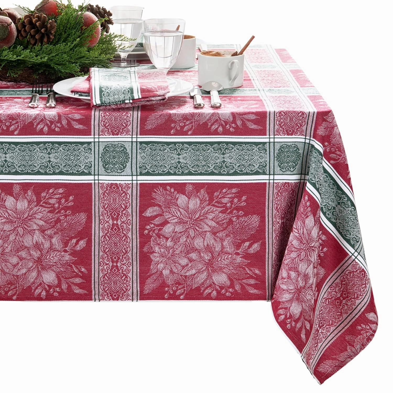 Elrene Home Fashions Poinsettia Plaid Red/Green Holiday Christmas Woven Jacquard Cotton Tablecloth, 60"x120" Rectangle, Multi