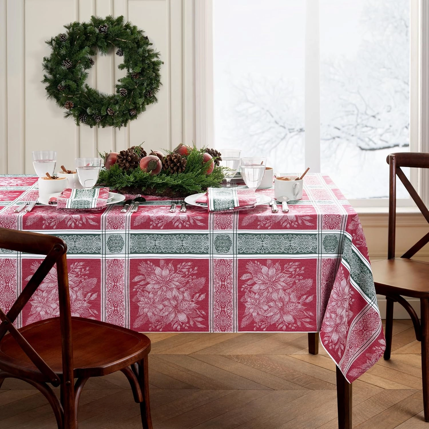 Elrene Home Fashions Poinsettia Plaid Red/Green Holiday Christmas Woven Jacquard Cotton Tablecloth, 60"x120" Rectangle, Multi