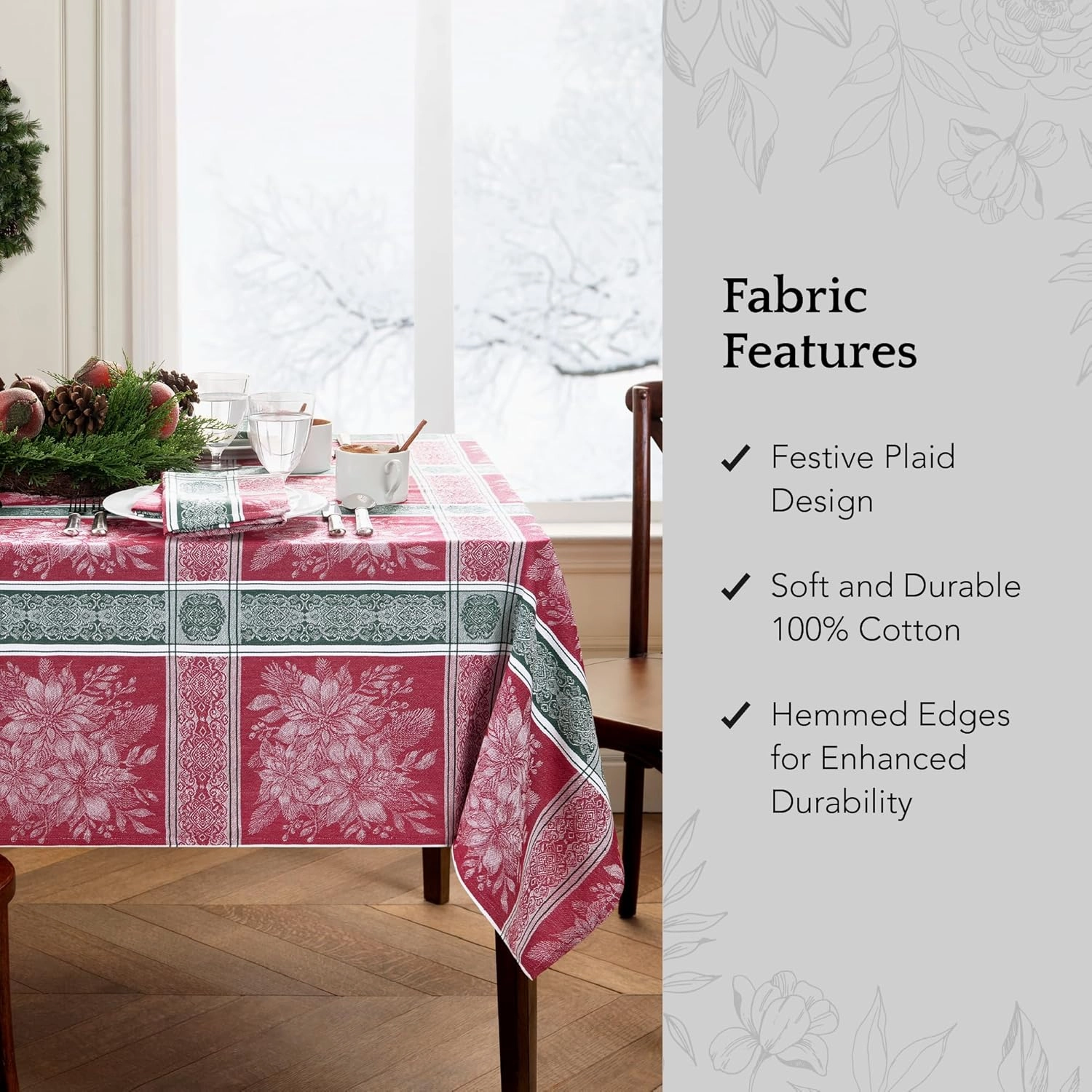 Elrene Home Fashions Poinsettia Plaid Red/Green Holiday Christmas Woven Jacquard Cotton Tablecloth, 60"x120" Rectangle, Multi