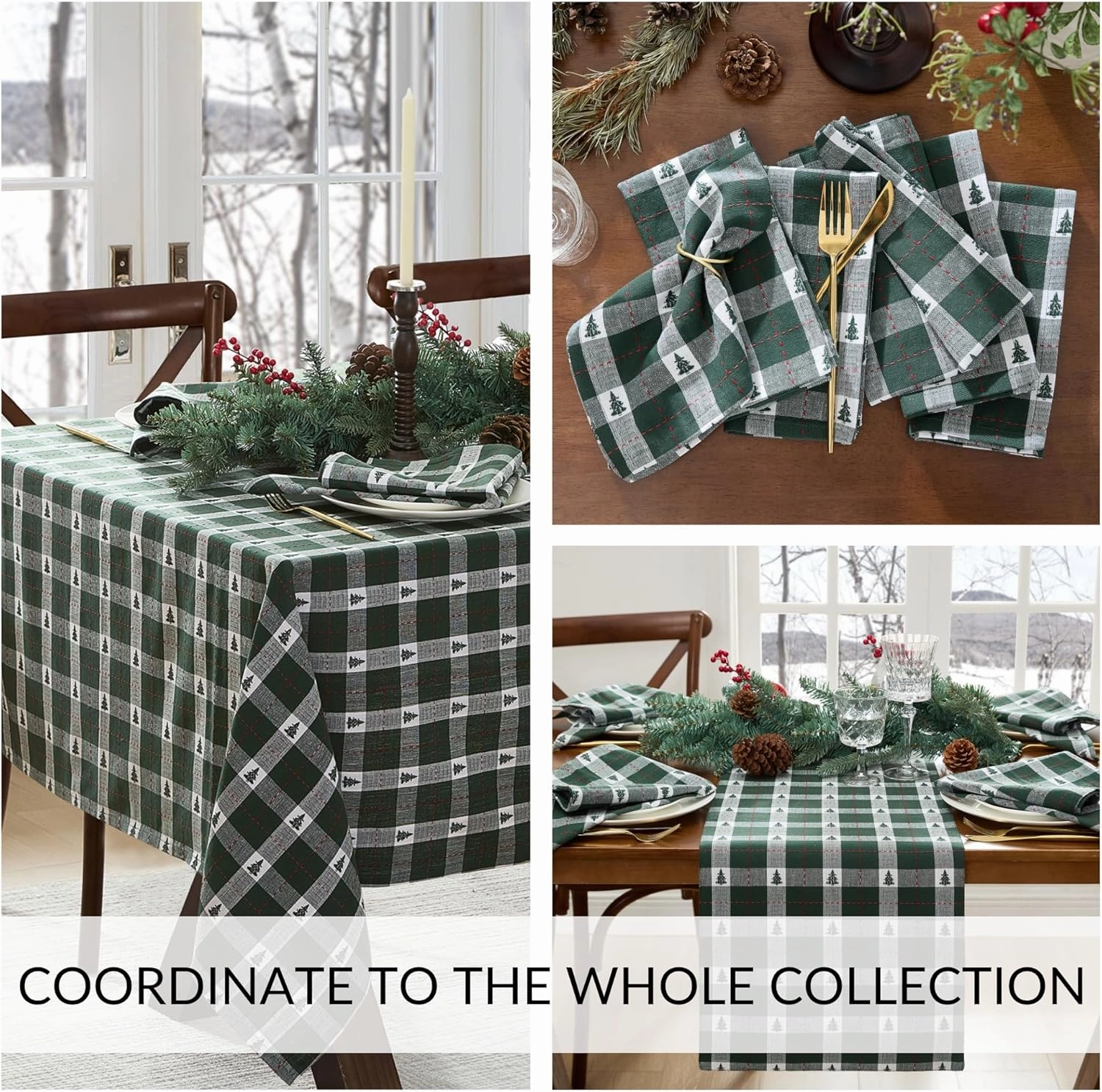 Elrene Home Fashions Sherwood Tree Dobby Christmas/Holiday Cotton Round Tablecloth, 70"x70", Green