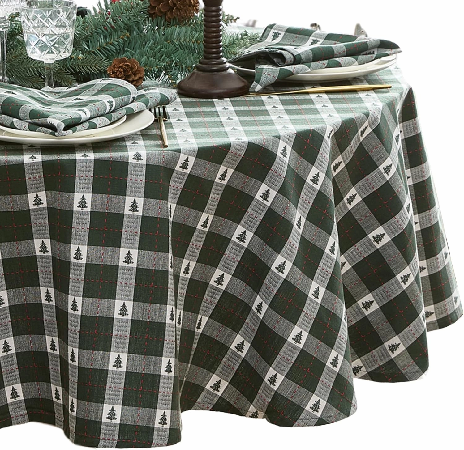 Elrene Home Fashions Sherwood Tree Dobby Christmas/Holiday Cotton Round Tablecloth, 70"x70", Green