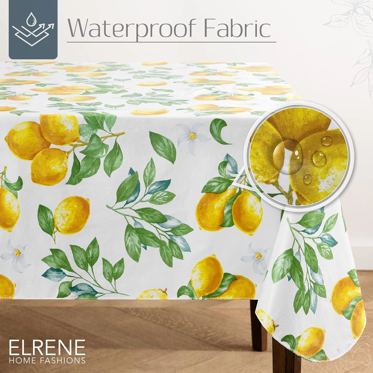 Elrene Home Fashions Vintage Lemon and Citrus Blooms Water- and Stain-Resistant Vinyl Tablecloth with Flannel Backing, 60 Inches X 120 Inches, Rectangle