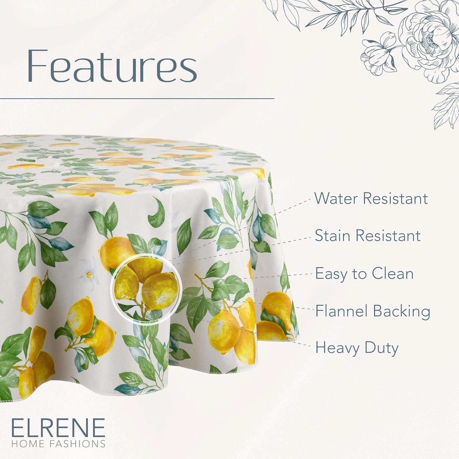 Elrene Home Fashions Vintage Lemon and Citrus Blooms Water- and Stain-Resistant Vinyl Tablecloth with Flannel Backing, 70 Inches X 70 Inches, Round