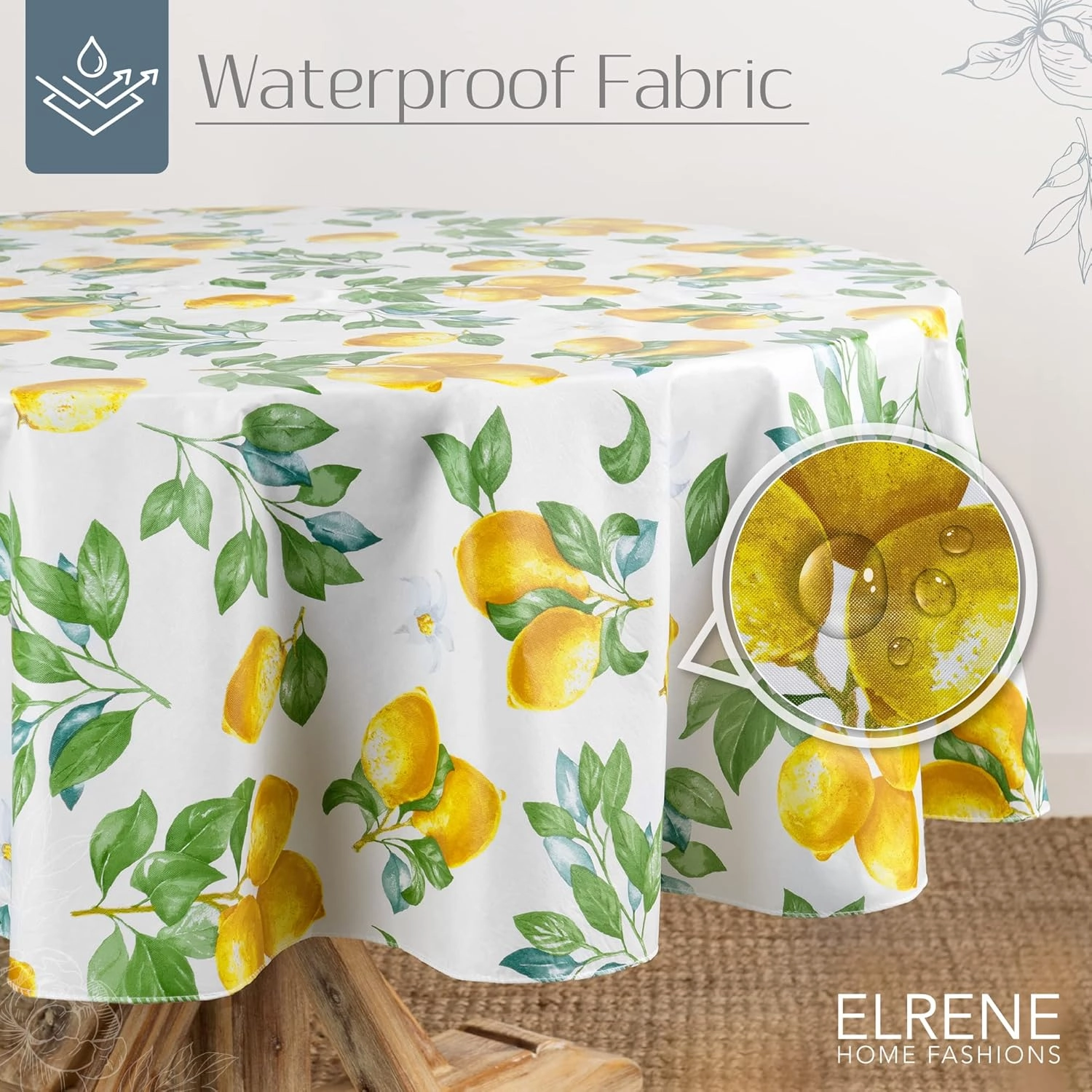 Elrene Home Fashions Vintage Lemon and Citrus Blooms Water- and Stain-Resistant Vinyl Tablecloth with Flannel Backing, 70 Inches X 70 Inches, Round