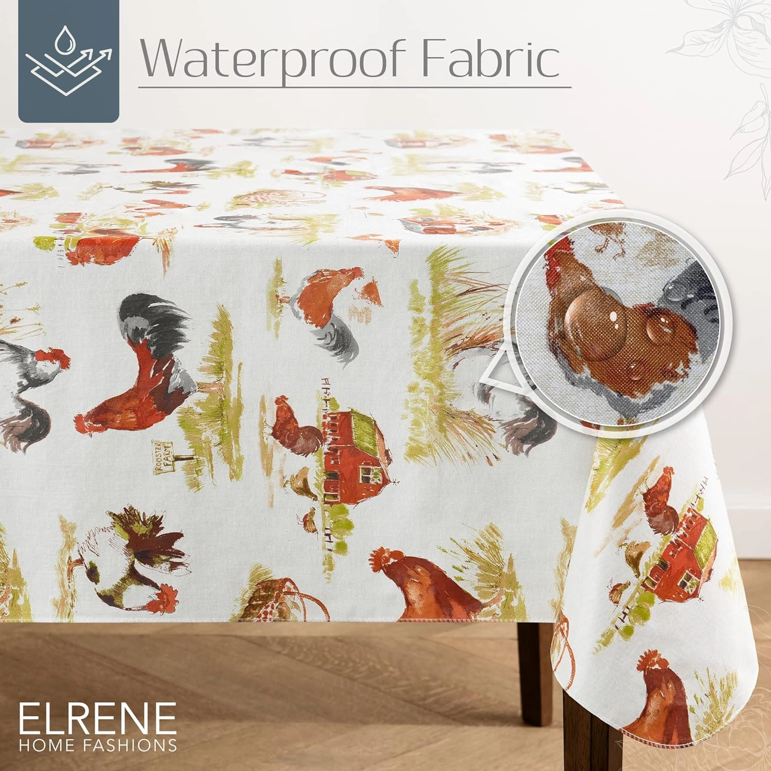Elrene Home Fashions Vintage Rooster Farm Water- and Stain-Resistant Vinyl Tablecloth with Flannel Backing, 60"x120" Rectangle