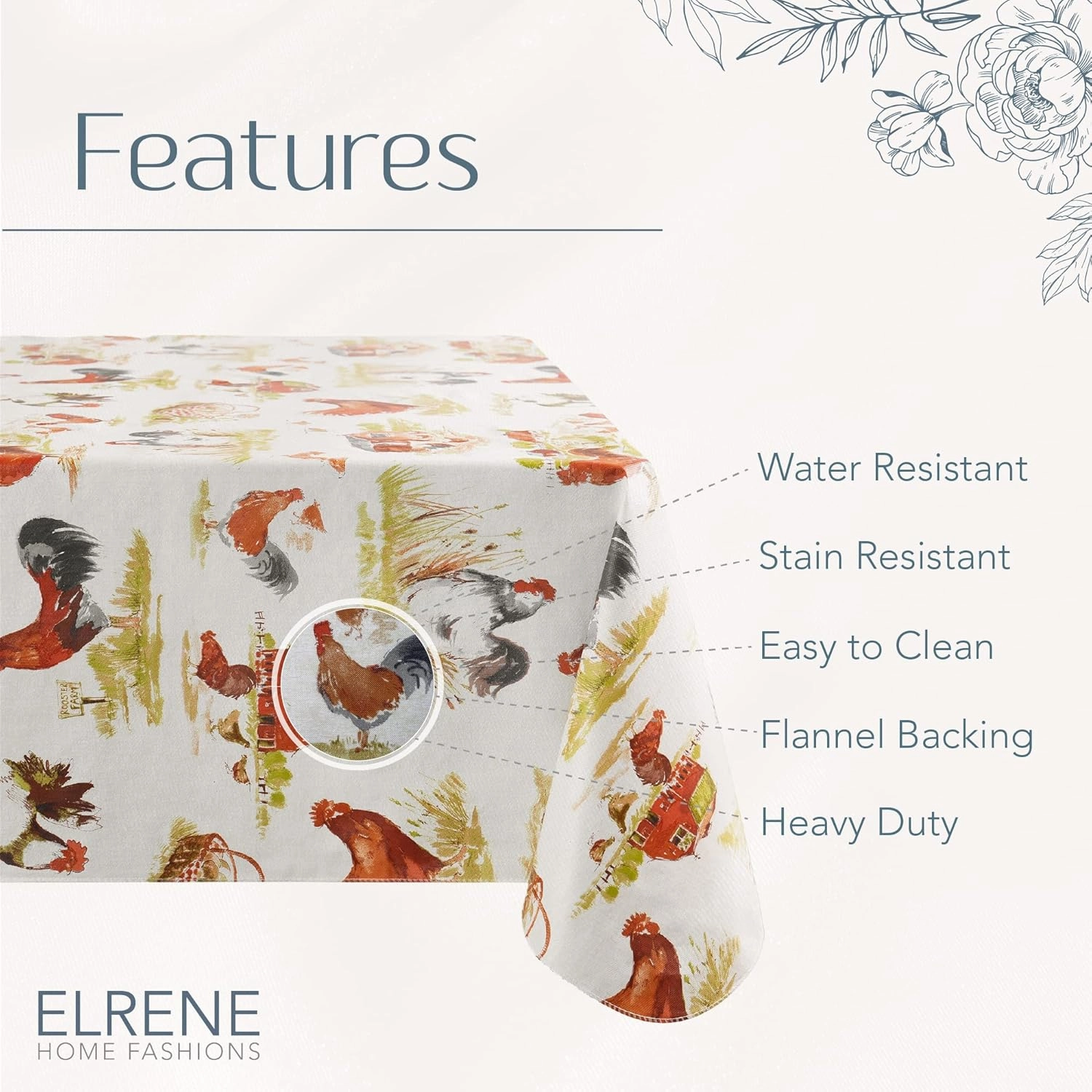 Elrene Home Fashions Vintage Rooster Farm Water- and Stain-Resistant Vinyl Tablecloth with Flannel Backing, 60"x120" Rectangle
