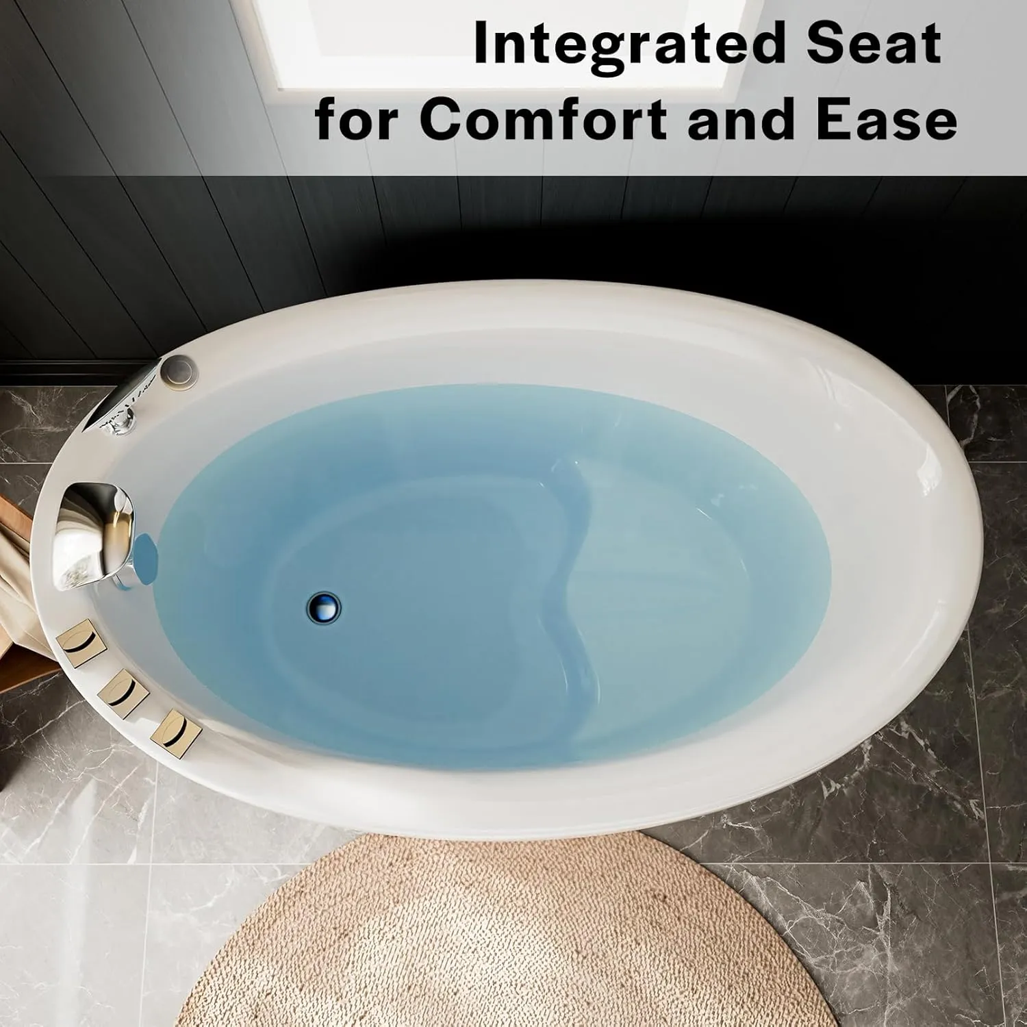 Empava Bathtub,59 Inch Soaking Tub with Chrome Faucet & Showerhead, Oval Deep Soak Acrylic bathtub with Integrated Seat, Japanese Style Design, Slip-Resistant Floor, Glossy White
