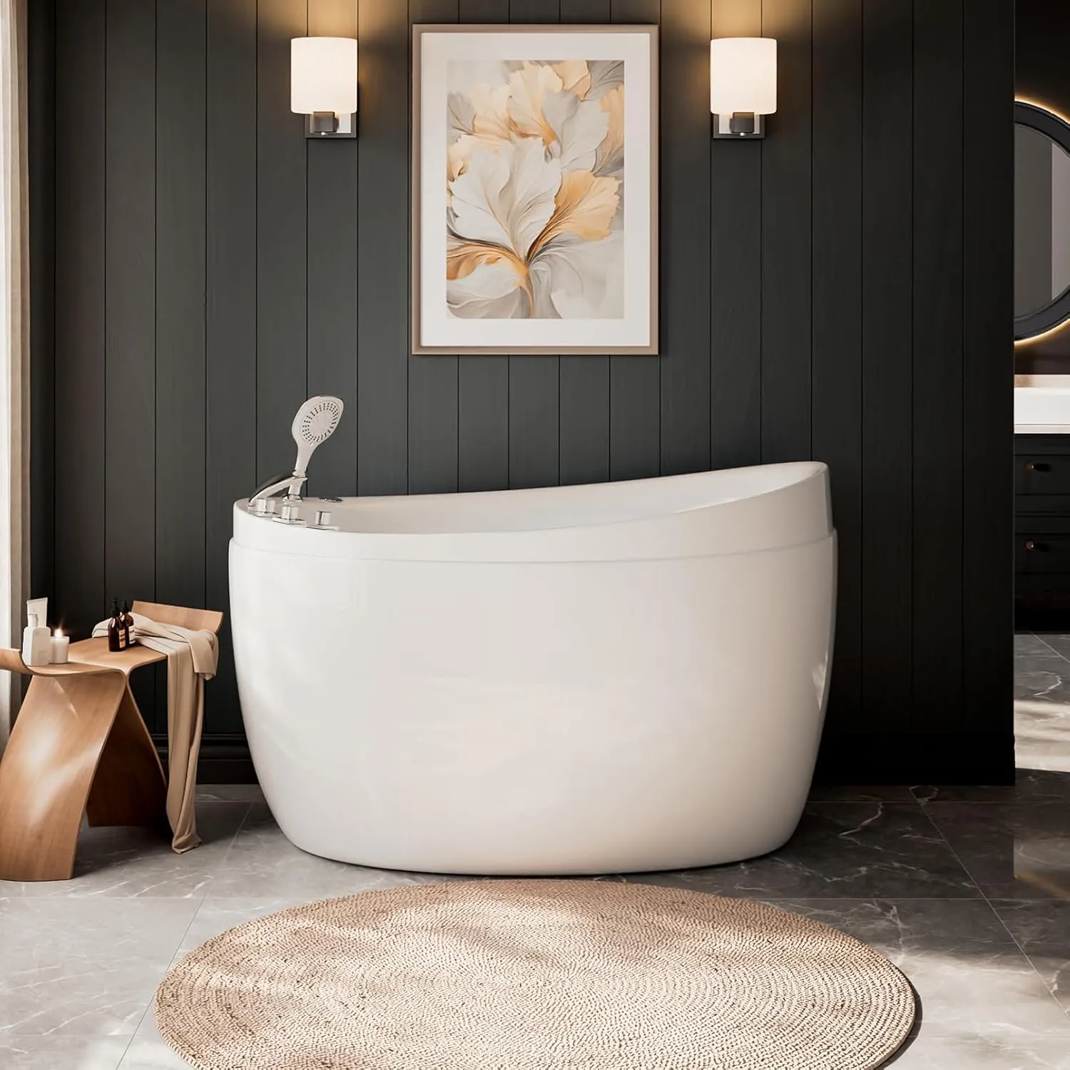 Empava Bathtub,59 Inch Soaking Tub with Chrome Faucet & Showerhead, Oval Deep Soak Acrylic bathtub with Integrated Seat, Japanese Style Design, Slip-Resistant Floor, Glossy White