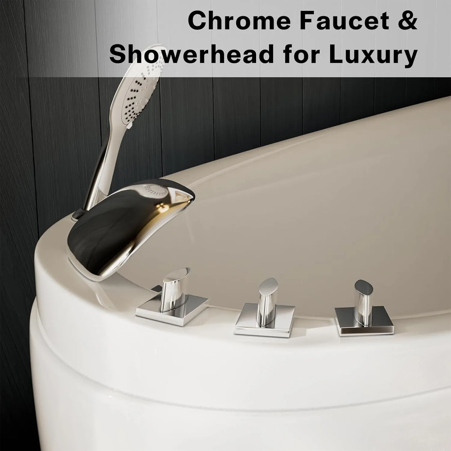 Empava Bathtub,59 Inch Soaking Tub with Chrome Faucet & Showerhead, Oval Deep Soak Acrylic bathtub with Integrated Seat, Japanese Style Design, Slip-Resistant Floor, Glossy White