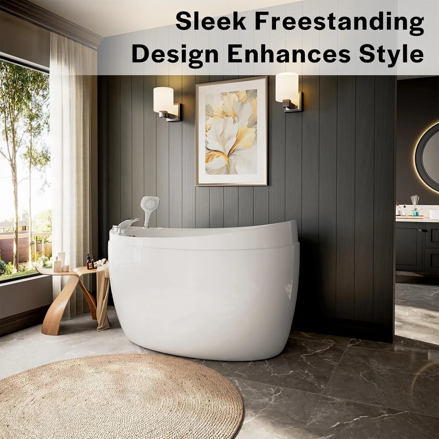 Empava Bathtub,59 Inch Soaking Tub with Chrome Faucet & Showerhead, Oval Deep Soak Acrylic bathtub with Integrated Seat, Japanese Style Design, Slip-Resistant Floor, Glossy White