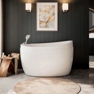 Empava Bathtub,59 Inch Soaking Tub with Chrome Faucet & Showerhead, Oval Deep Soak Acrylic bathtub with Integrated Seat, Japanese Style Design, Slip-Resistant Floor, Glossy White
