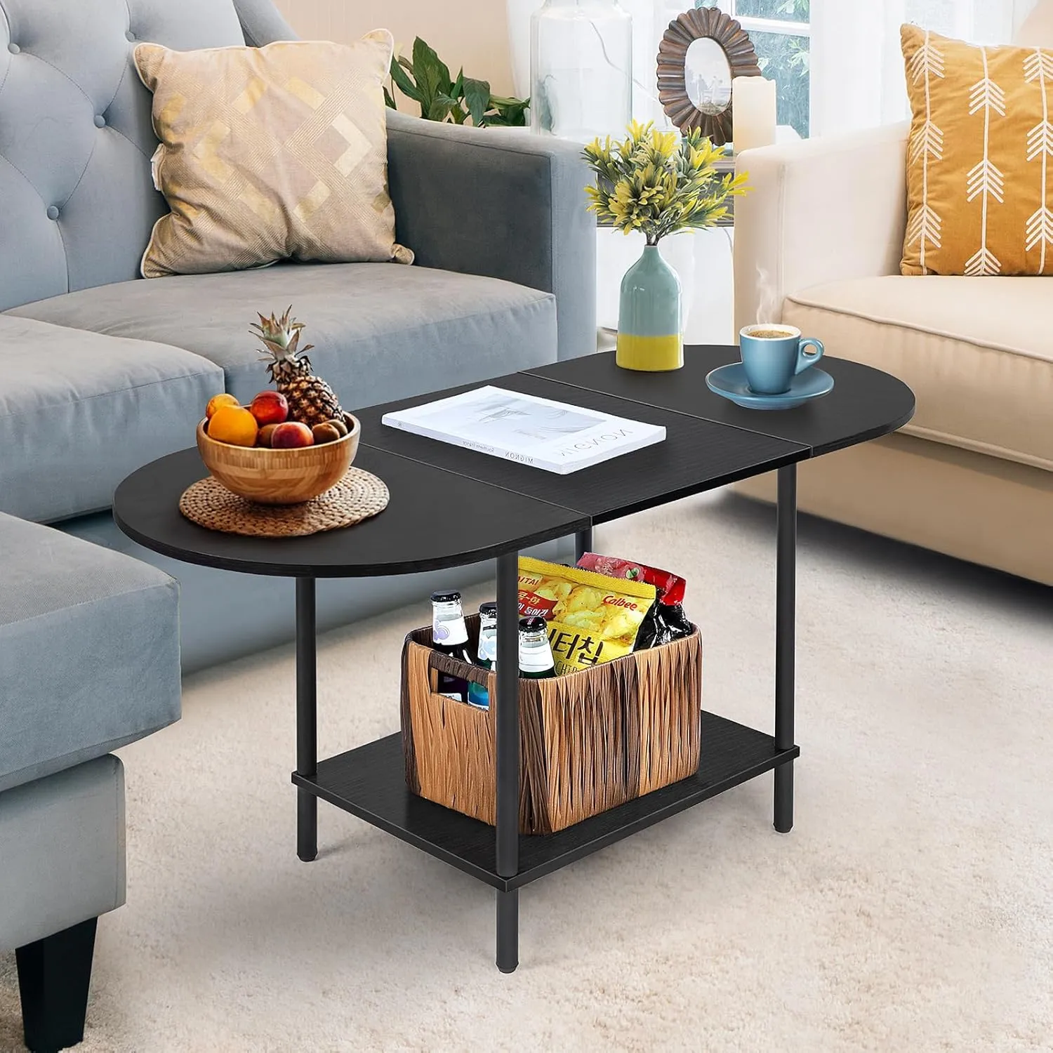 ETELI Black Coffee Tables for Living Room 2-Tier Small Oval Coffee Table Wood Accent Coffe Tables with Storage Shelf Modern Mesa De Centro Sala for Small Space, Home Office
