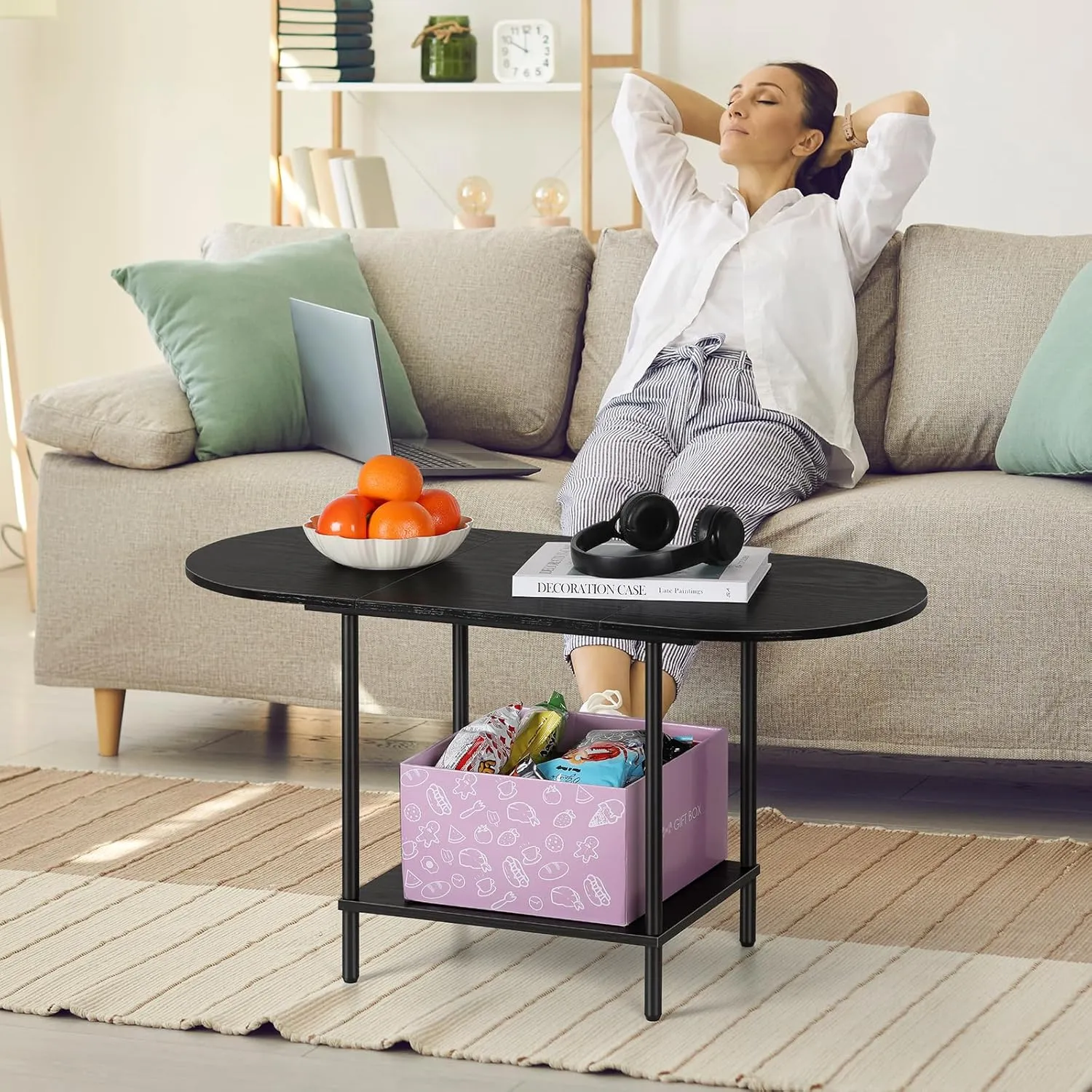 ETELI Black Coffee Tables for Living Room 2-Tier Small Oval Coffee Table Wood Accent Coffe Tables with Storage Shelf Modern Mesa De Centro Sala for Small Space, Home Office